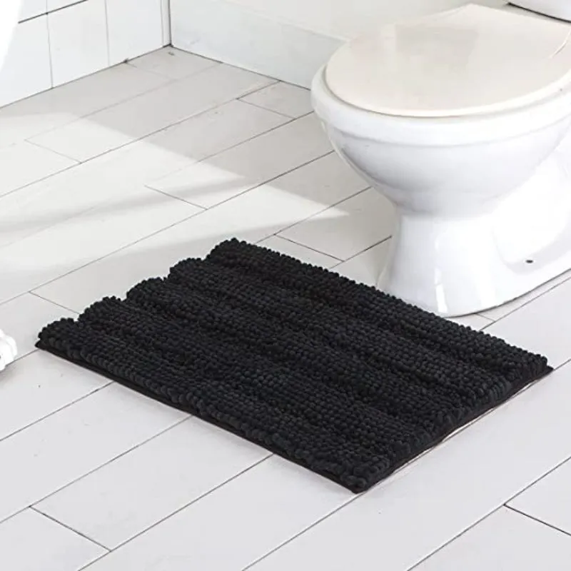 Black Stripe Chenille Microfiber Bath Mat Rug- Ultra Soft Thick Absorbent Non Slip Shaggy Plush Floor Rugs for Bathroom, Machine Washable