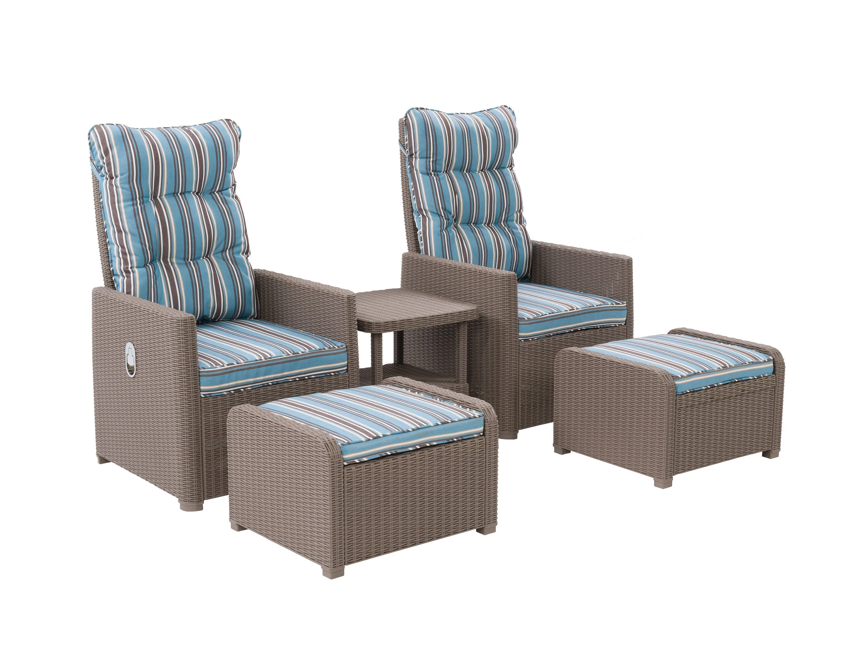 Blue and Brown Stripes Patio Recliner and Ottoman Set, 5pc