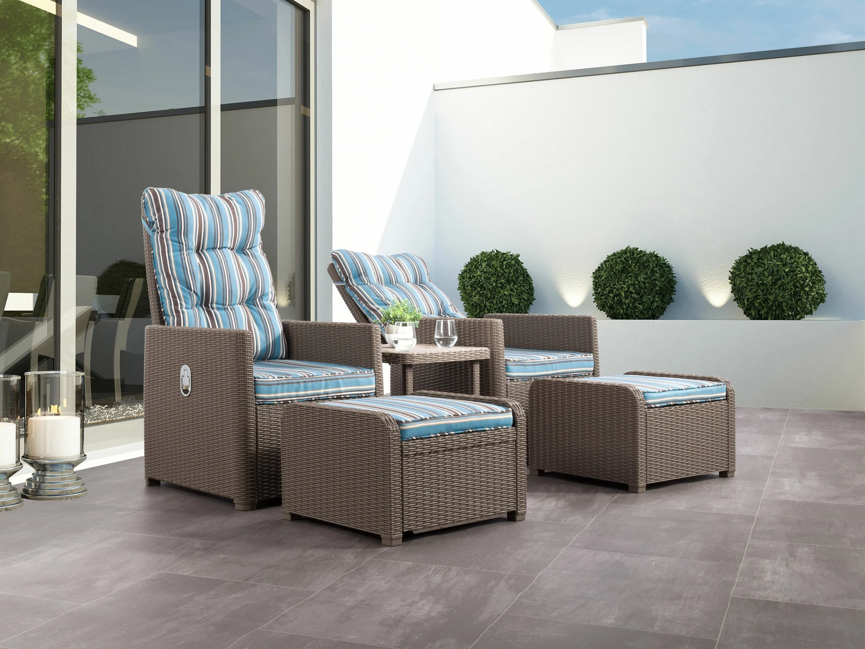 Blue and Brown Stripes Patio Recliner and Ottoman Set, 5pc