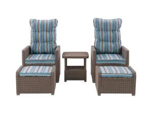 Blue and Brown Stripes Patio Recliner and Ottoman Set, 5pc