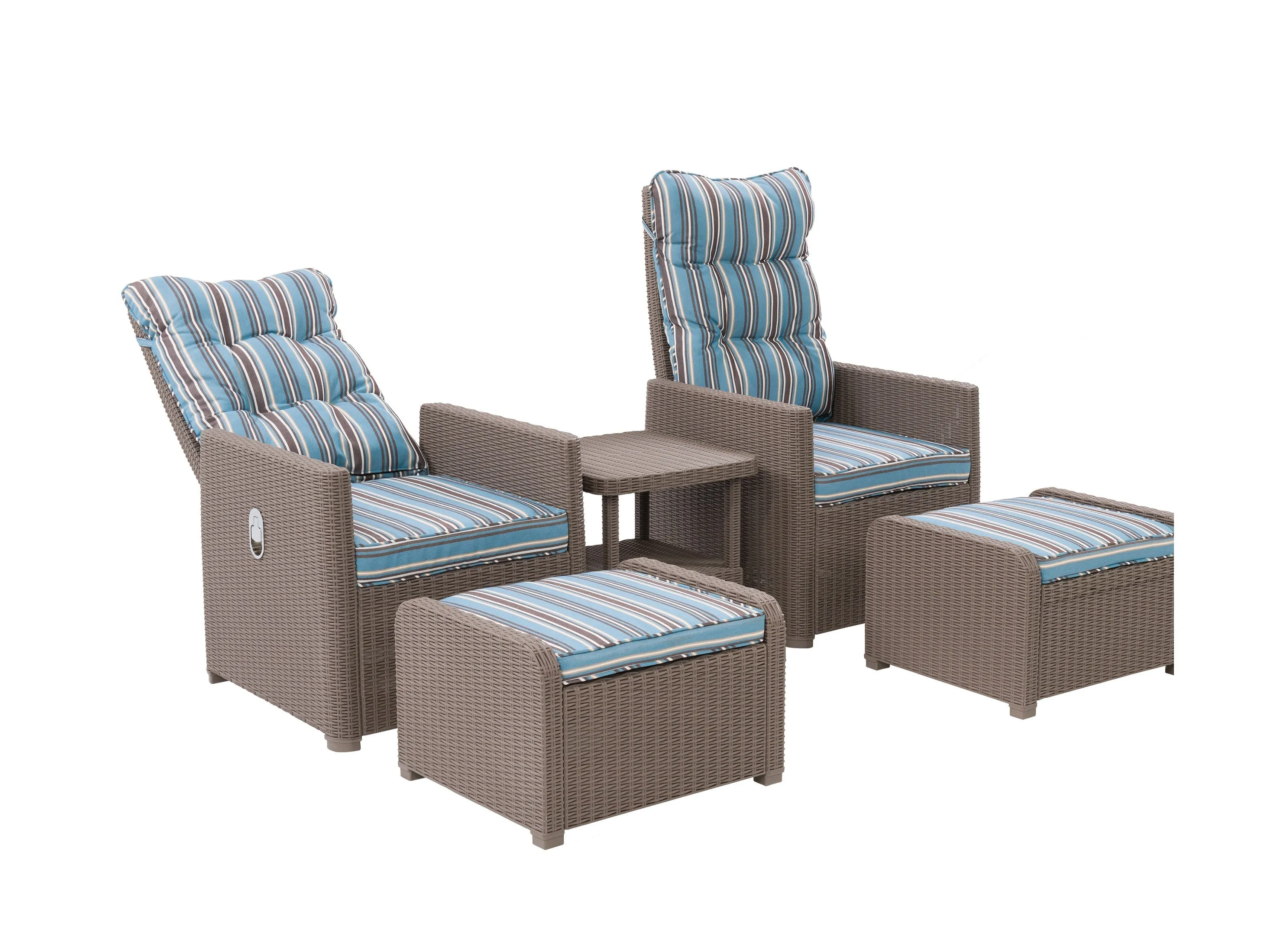 Blue and Brown Stripes Patio Recliner and Ottoman Set, 5pc