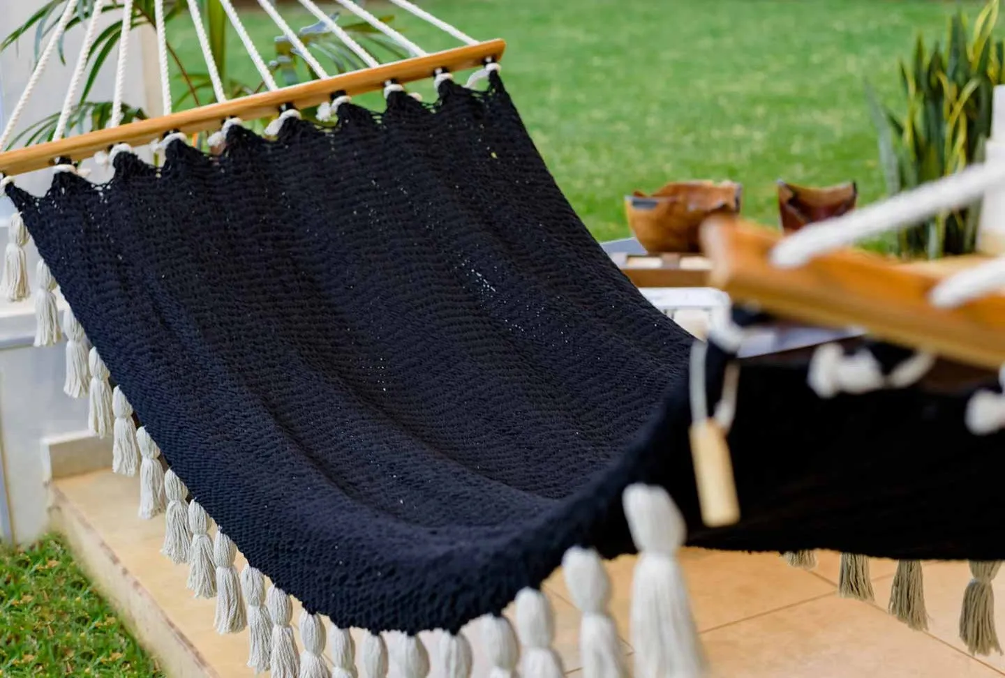 Boho Black Cotton Hammock with Tassels (Wooden Bar)