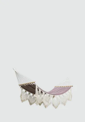 Boho Mixed Weave Pomegranate Cotton Hammock with Fringe (Wooden Bar)