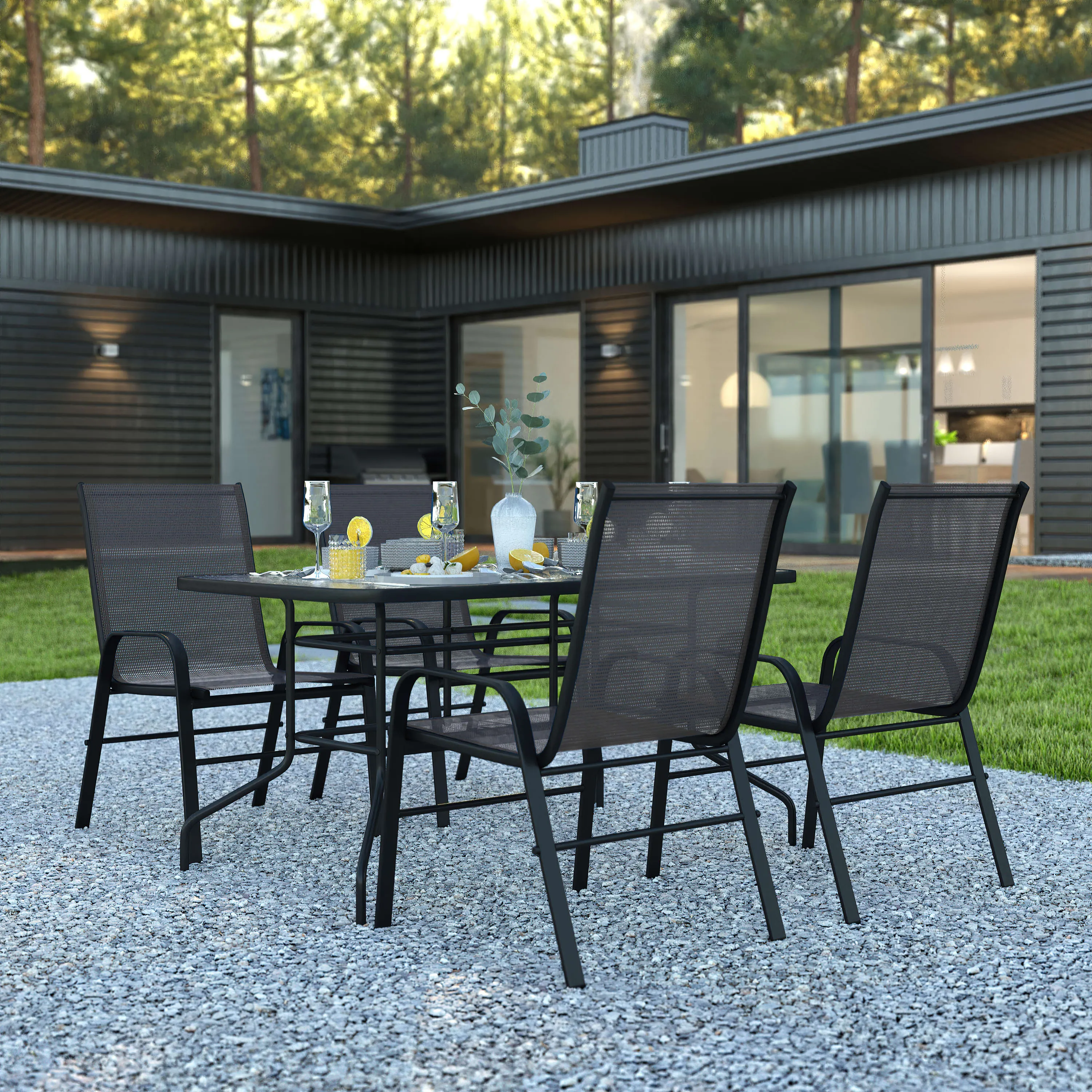 Brazos 5 Piece Outdoor Patio Dining Set - Tempered Glass Patio Table, 4 Flex Comfort Stack Chairs