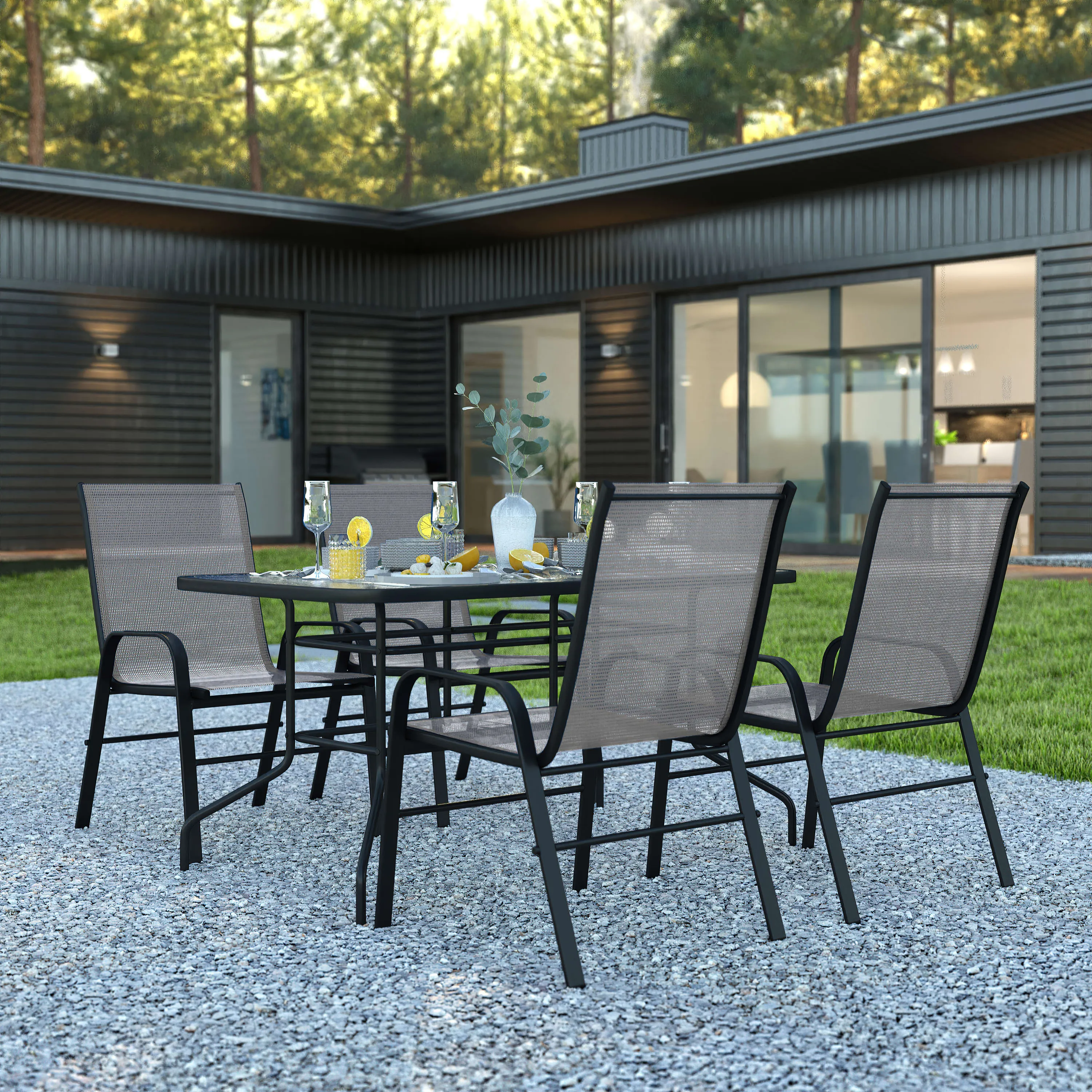 Brazos 5 Piece Outdoor Patio Dining Set - Tempered Glass Patio Table, 4 Flex Comfort Stack Chairs