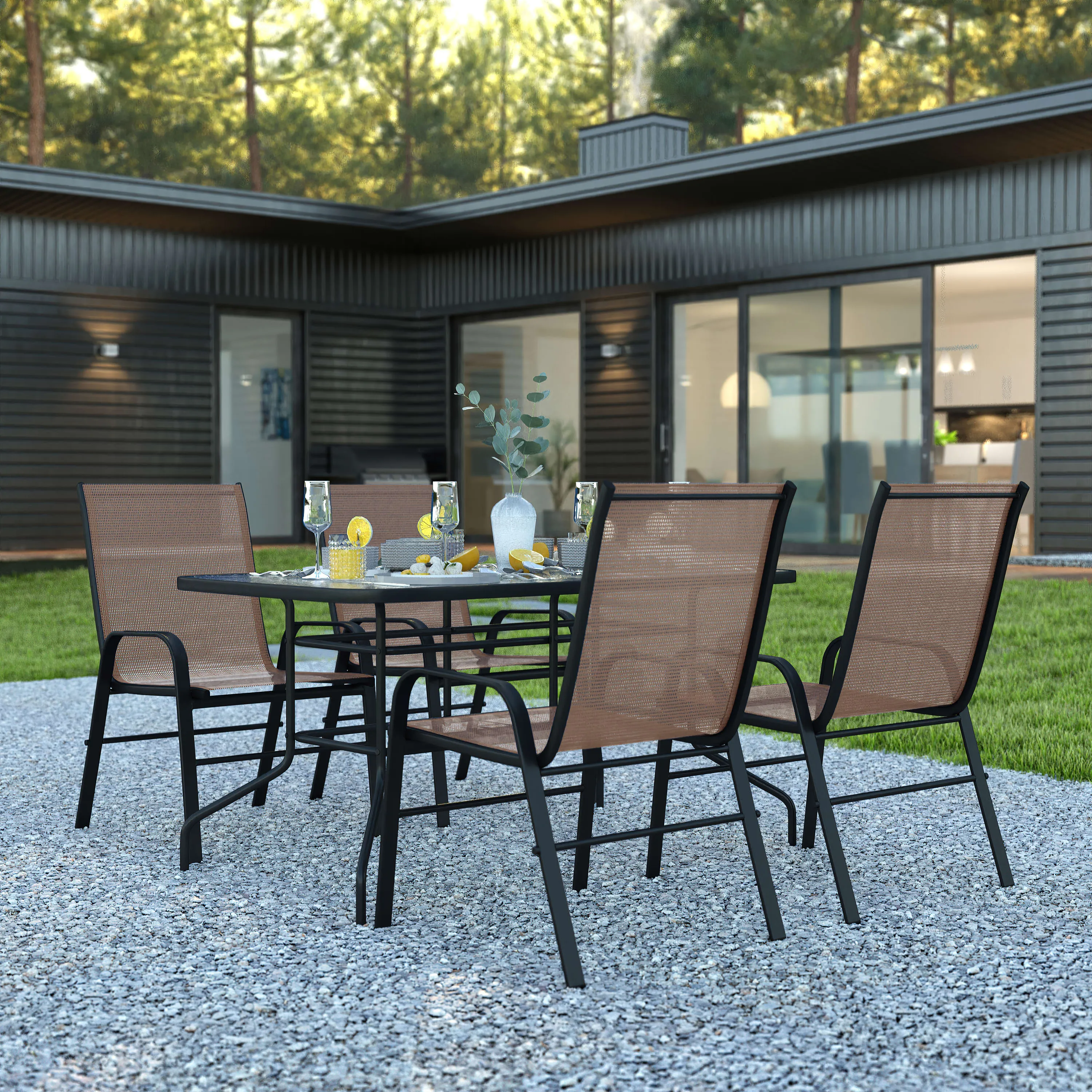 Brazos 5 Piece Outdoor Patio Dining Set - Tempered Glass Patio Table, 4 Flex Comfort Stack Chairs