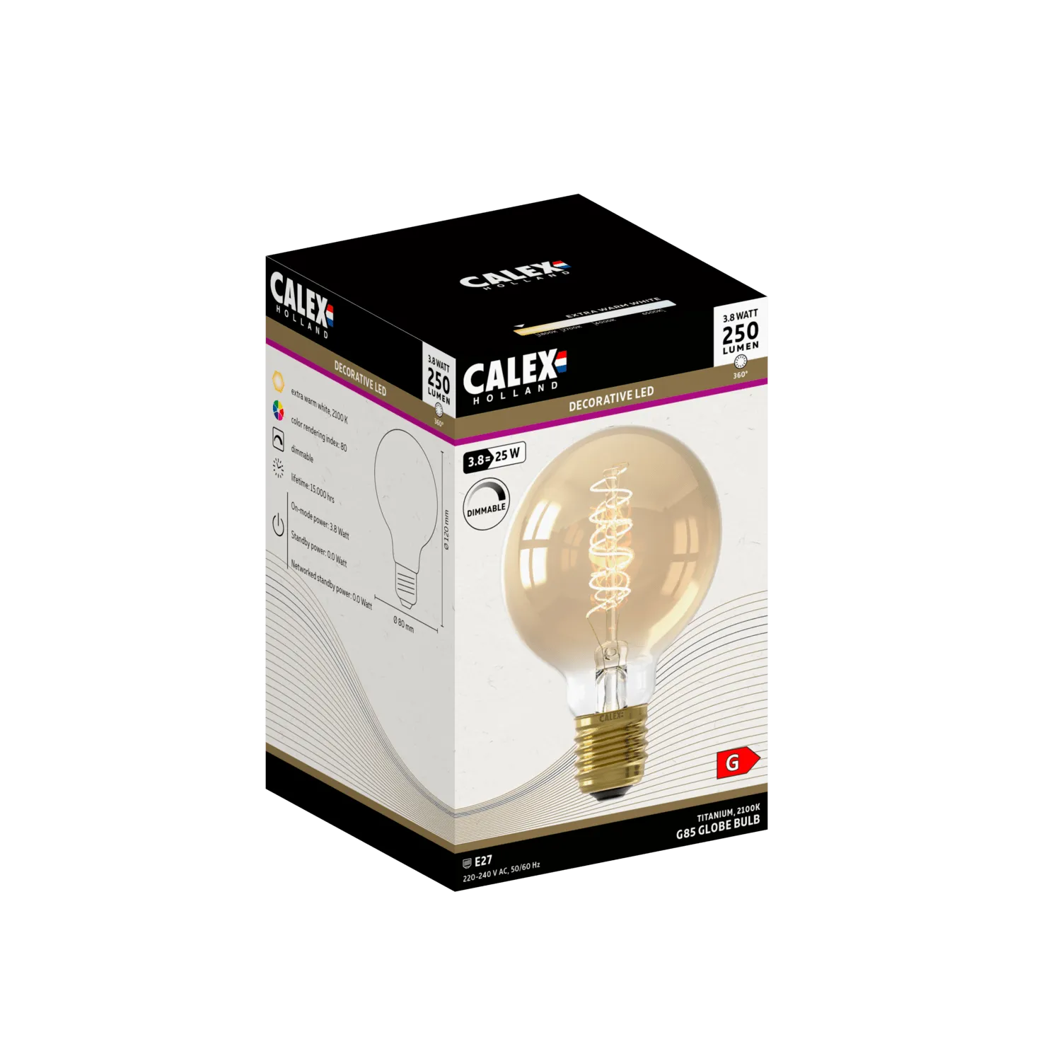 Calex Spiral Filament LED Lamp - E27 - G80 - Gold - 3.8W - Dimmable