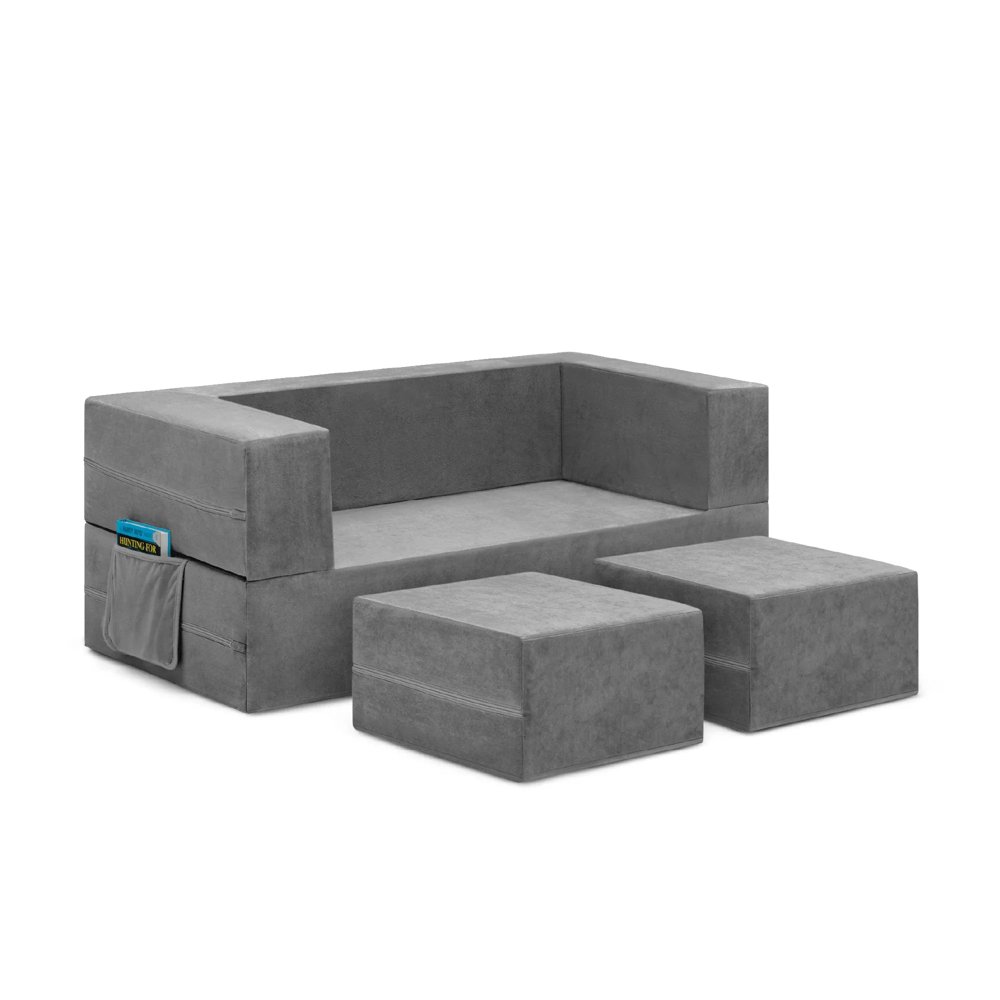 Convertible Sofa and Play Set for Kids and Toddlers Modular Foam Couch and Flip Out Lounger with 2 Ottomans