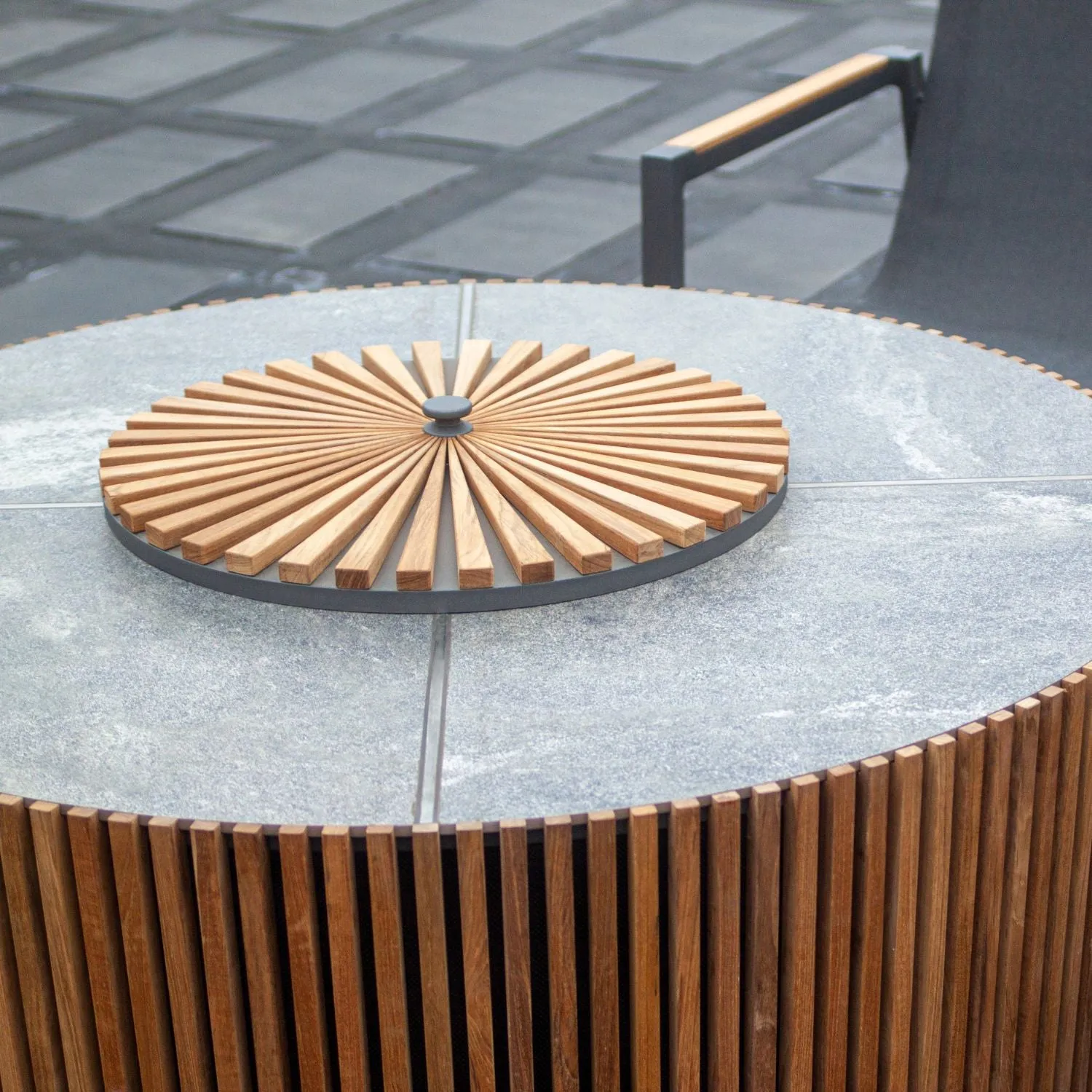 Cubic Teak Round Fire Table