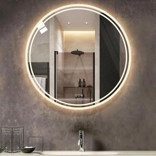 DAZZLIZE MIRROR Wall and led Mirror Glass with Touch Sensor for three colour Light (White Light, Natural Light, Warm Light)/ Designer Mirror for dining Room/bathroom and round shape (18x18).