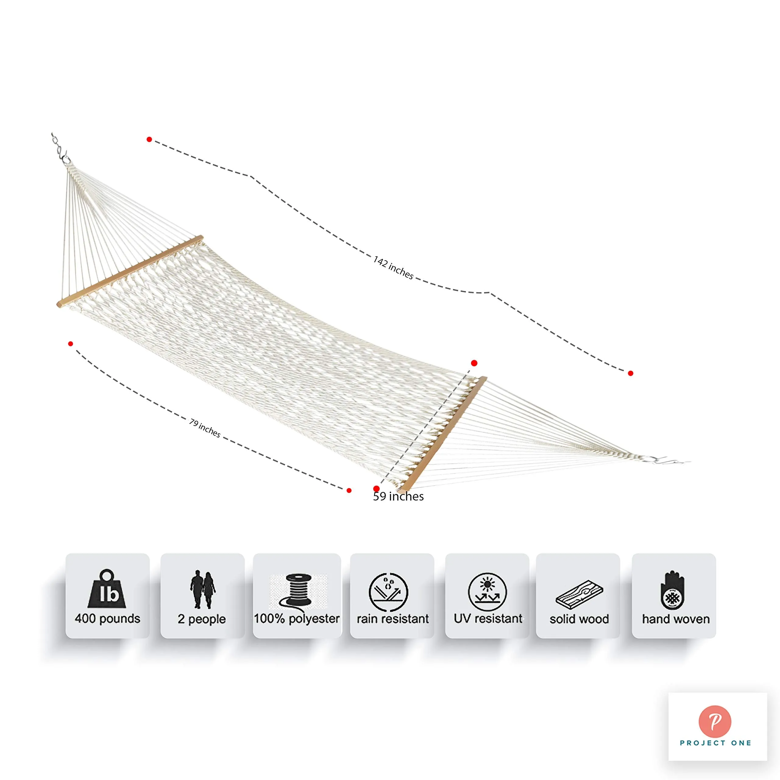 DuraCord Rope Hammock with Double Size Wood Spreader Bar - Project One