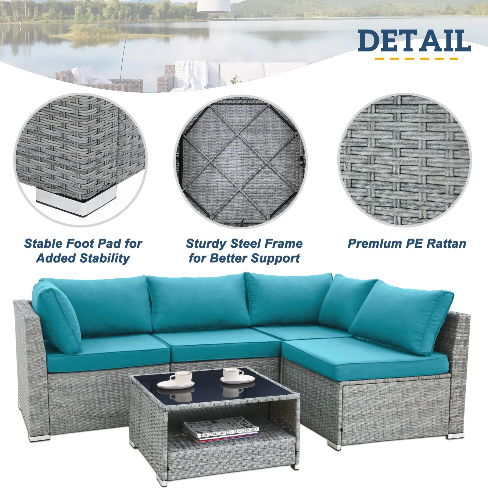 EAGLE PEAK 5 Piece Outdoor Wicker Patio Furniture Set with Coffee Table, Outdoor PE Rattan Sectional Conversation Sets with Seating for 4 People