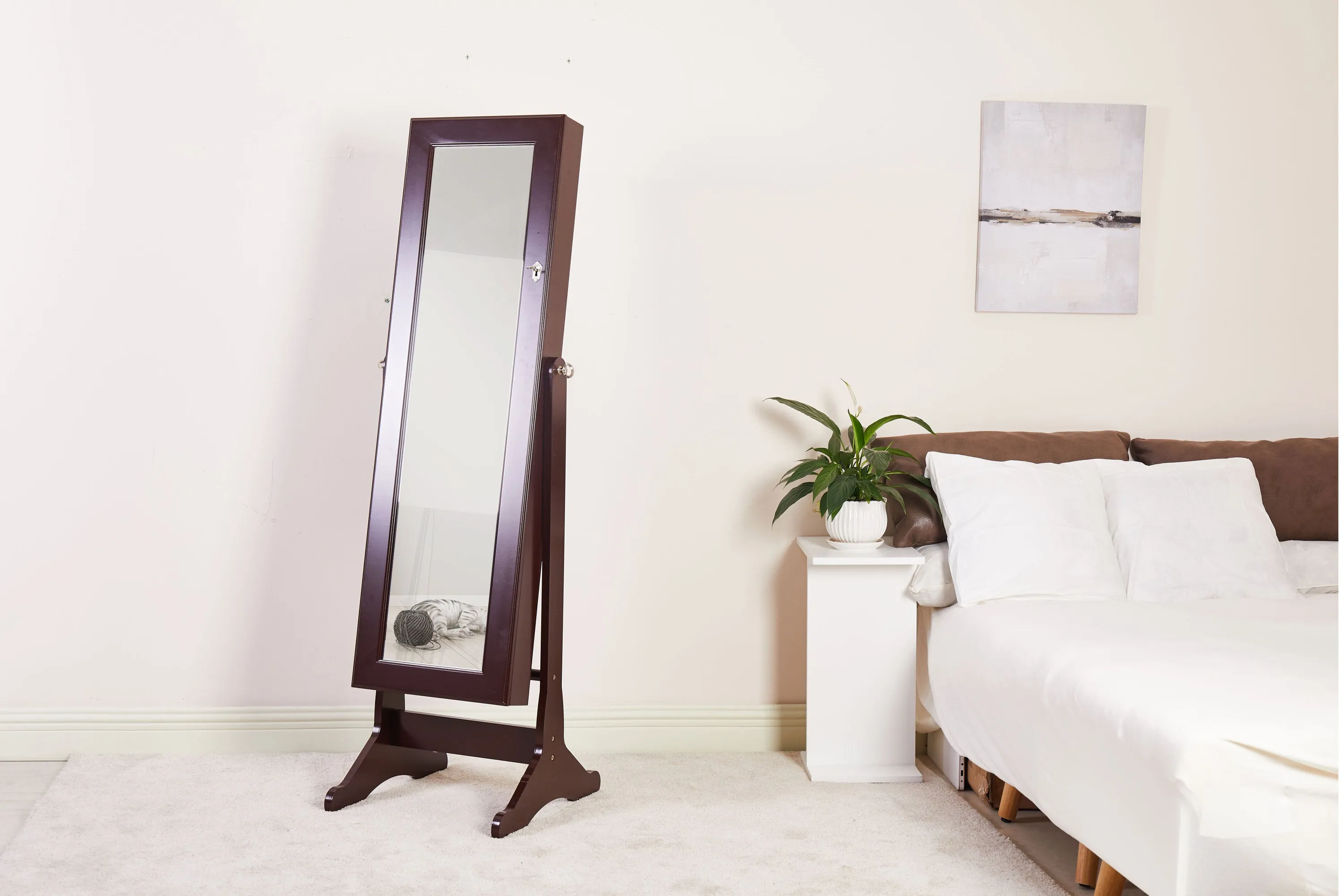 European-style retro with full-length mirror wooden vertical jewelry cabinet with LED lights