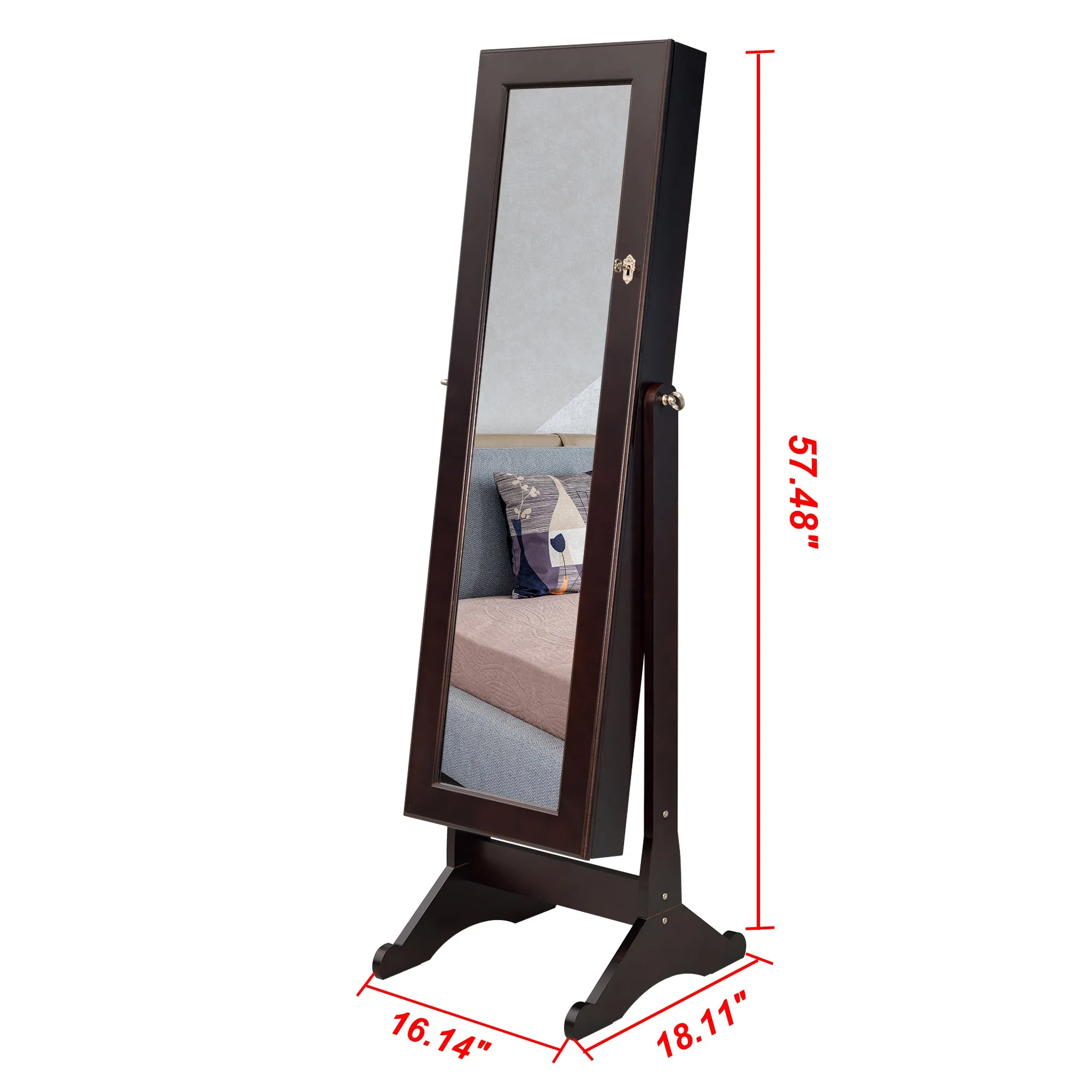 European-style retro with full-length mirror wooden vertical jewelry cabinet with LED lights