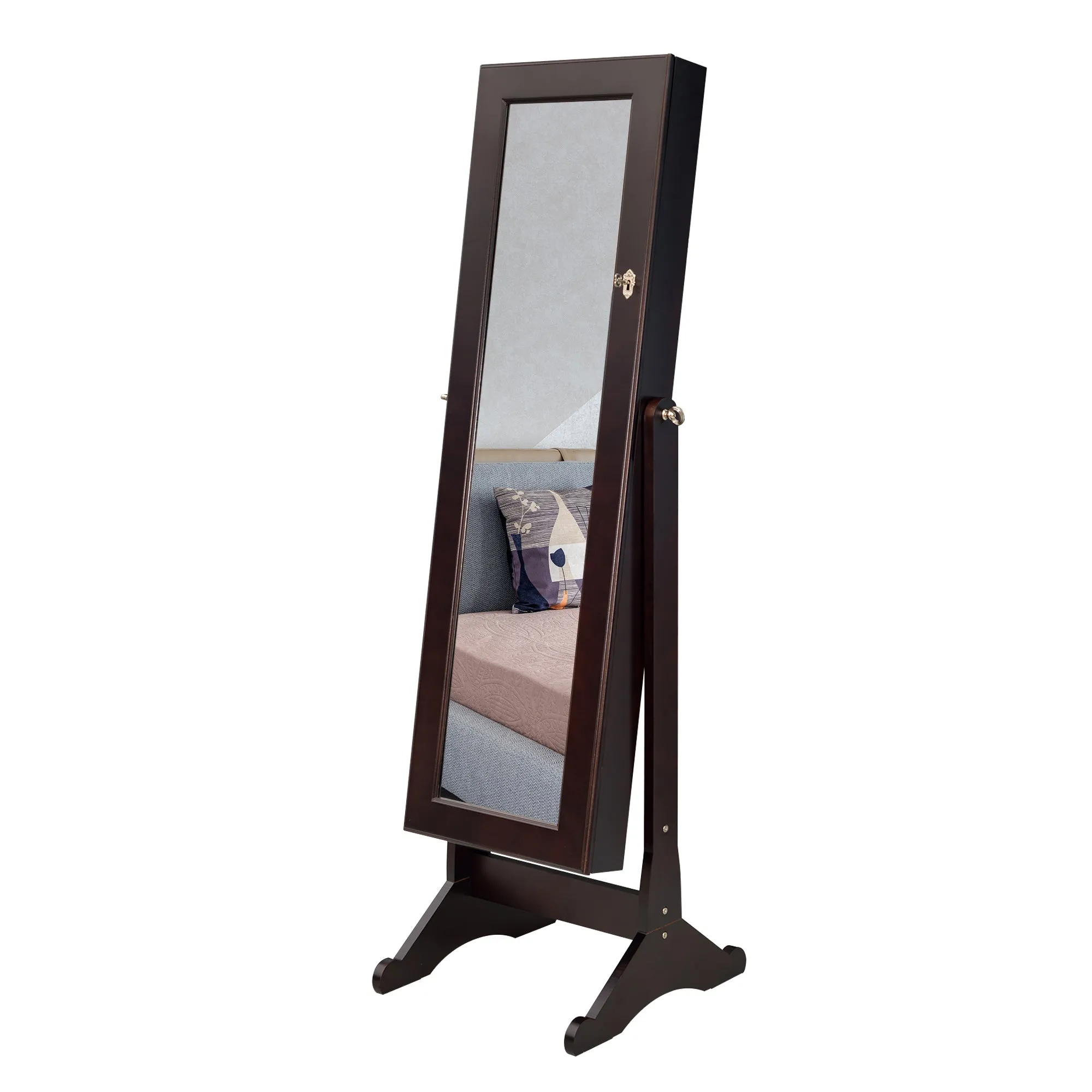 European-style retro with full-length mirror wooden vertical jewelry cabinet with LED lights