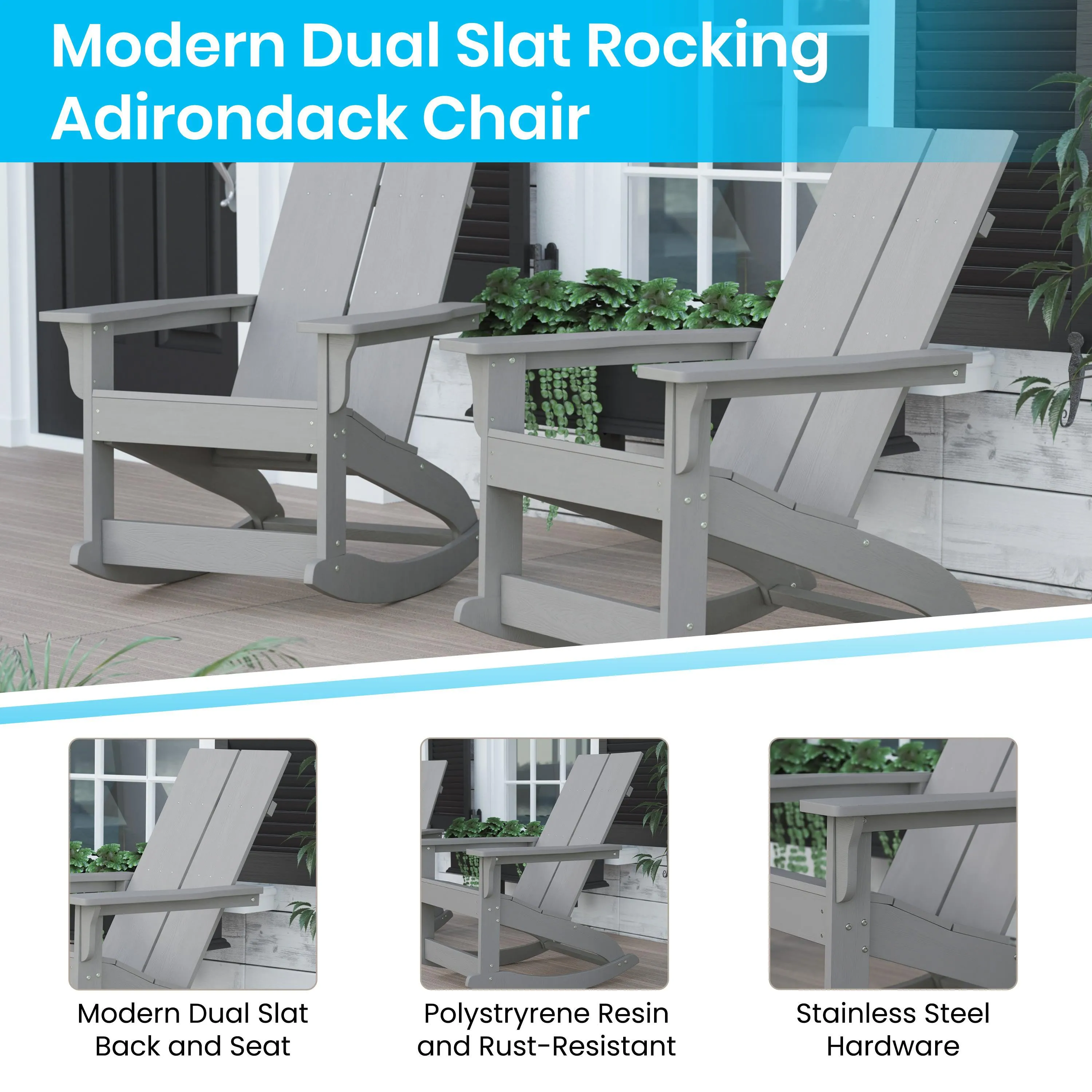 Finn Modern Commercial Grade All-Weather 2-Slat Poly Resin Wood Rocking Adirondack Chair with Rust Resistant Stainless Steel Hardware