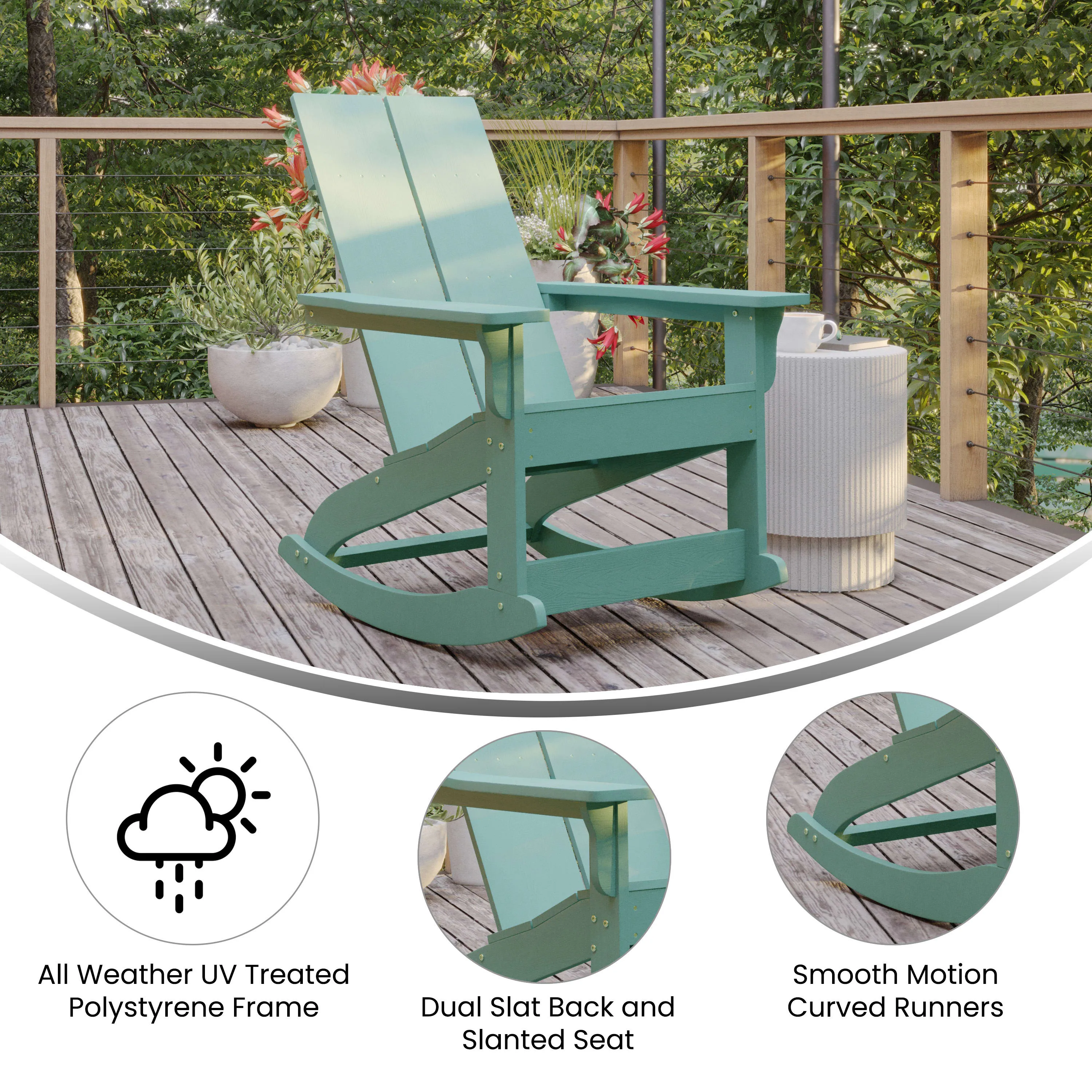 Finn Modern Commercial Grade All-Weather 2-Slat Poly Resin Wood Rocking Adirondack Chair with Rust Resistant Stainless Steel Hardware