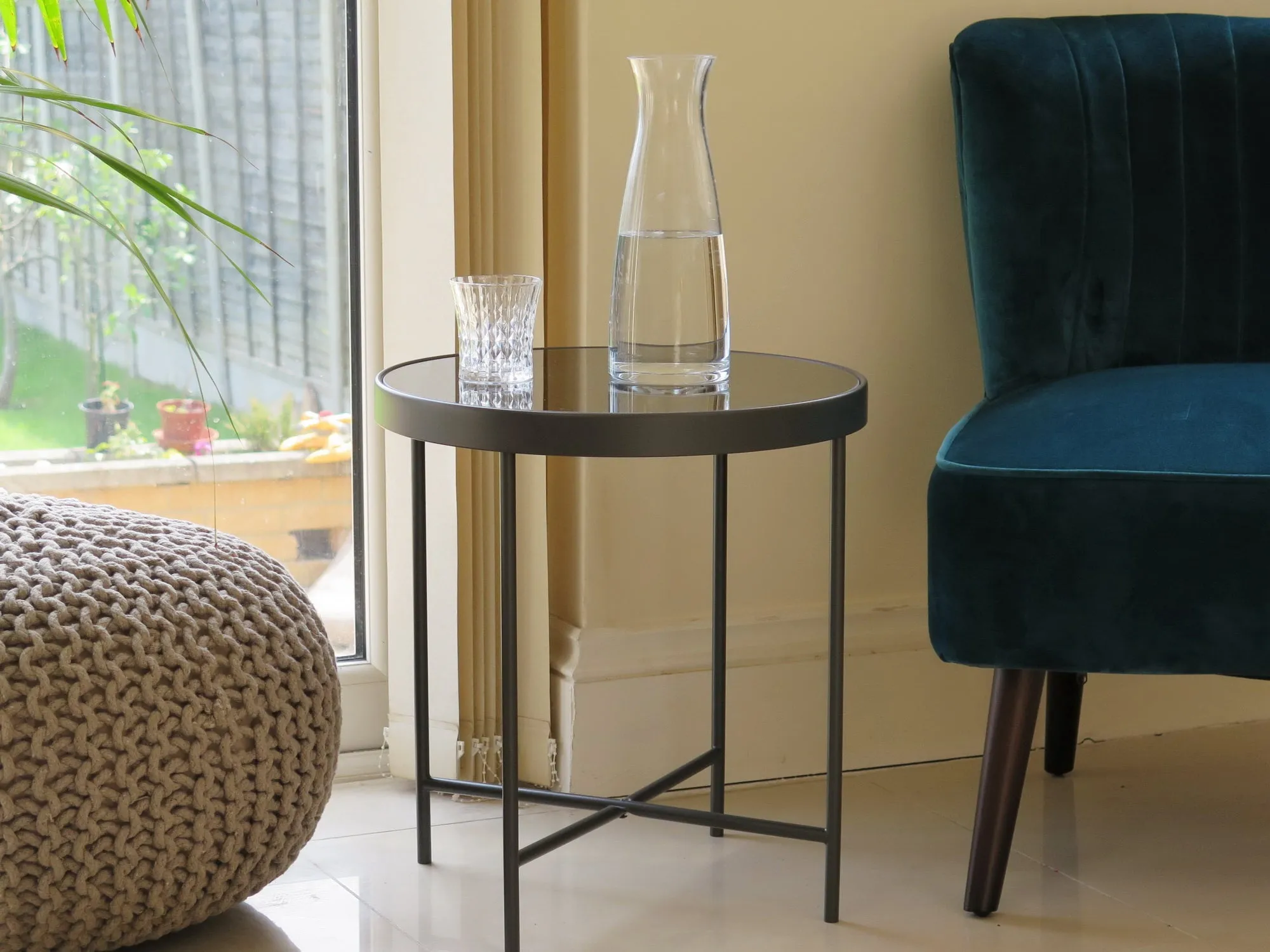 Fino Glass Round Side/End Table/Lamp Table (42.5 dia x 46cm, Anthracite/Grey Mirror)