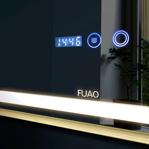 Fuao Premium HD Smart Mirror for Walls with Anti-Fog Function, Time-Temperature Display and Adjustable Brightness 3-Tone LED Lighting| 100% Silver Coating, Anodized Aluminium Frame Black80*60CM