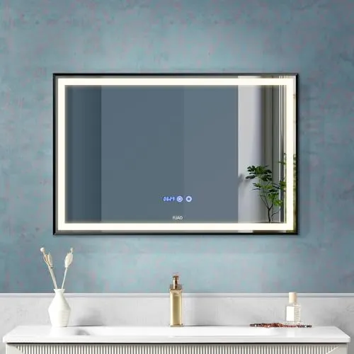 Fuao Premium HD Smart Mirror for Walls with Anti-Fog Function, Time-Temperature Display and Adjustable Brightness 3-Tone LED Lighting| 100% Silver Coating, Anodized Aluminium Frame Black80*60CM