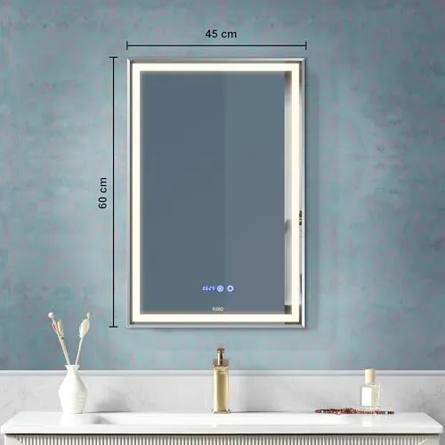 Fuao Premium HD Smart Mirror for Walls with Anti-Fog Function, Time-Temperature Display and Adjustable Brightness 3-Tone LED Lighting| 100% Silver Coating, Anodized Aluminium Frame Silver-45 * 60CM