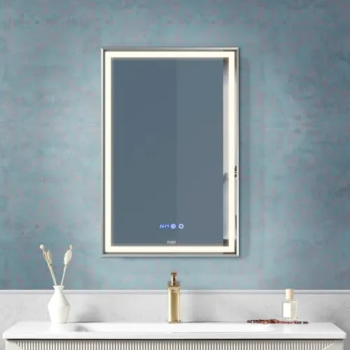 Fuao Premium HD Smart Mirror for Walls with Anti-Fog Function, Time-Temperature Display and Adjustable Brightness 3-Tone LED Lighting| 100% Silver Coating, Anodized Aluminium Frame Silver-45 * 60CM