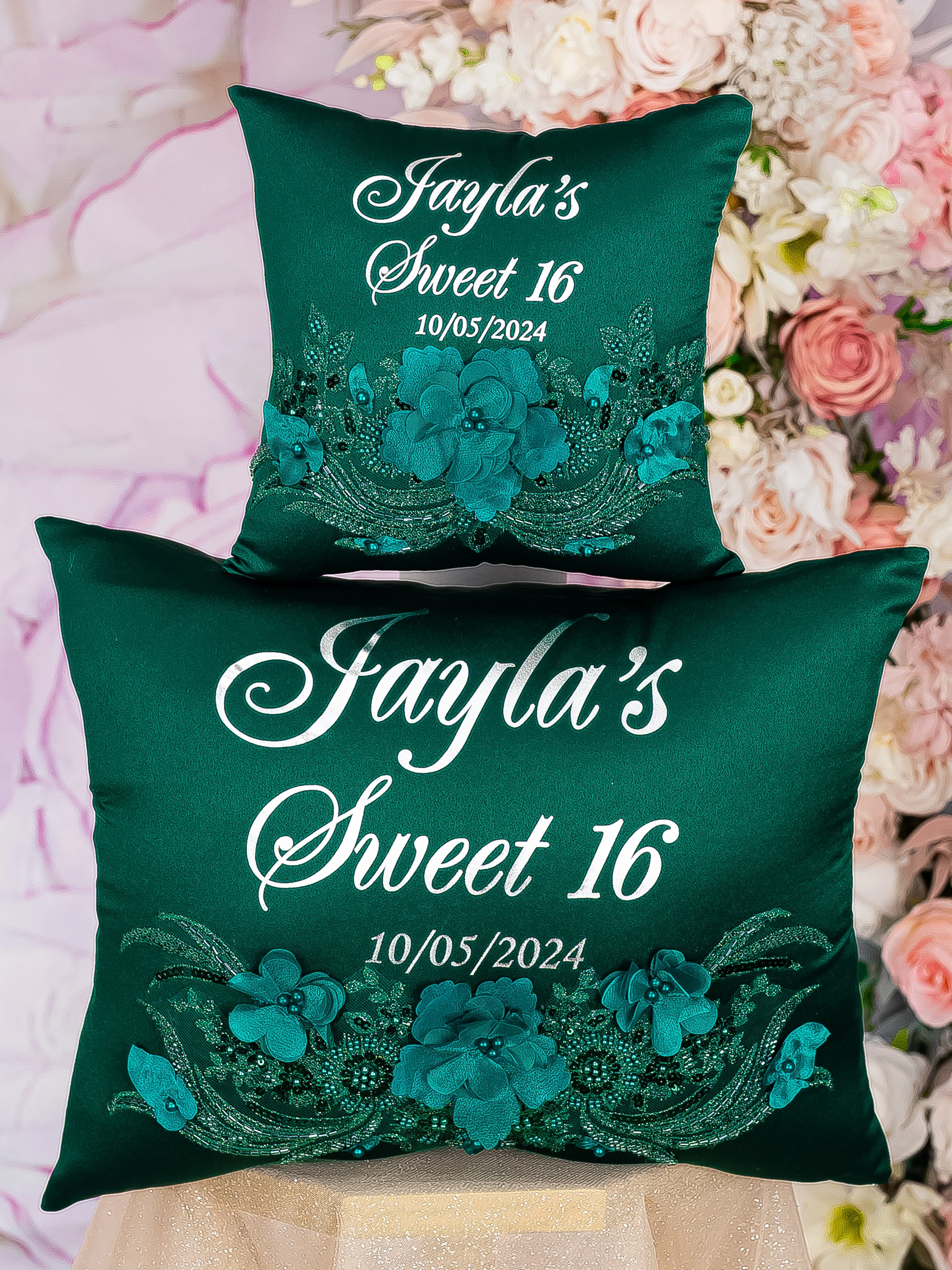 Green with Silver quinceanera pillows set