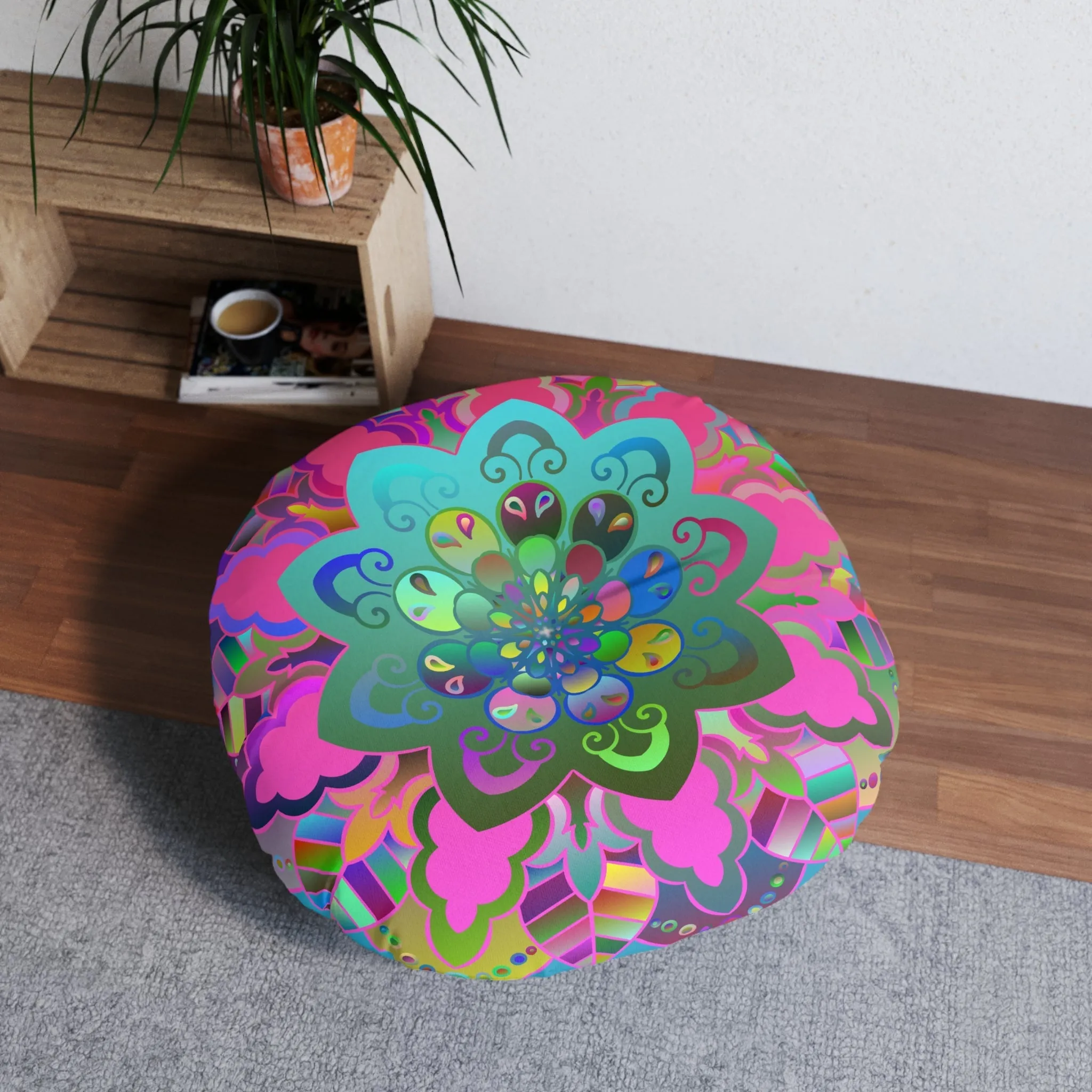 Hand Drawn Mandala Art Tufted Round Floor Pillow