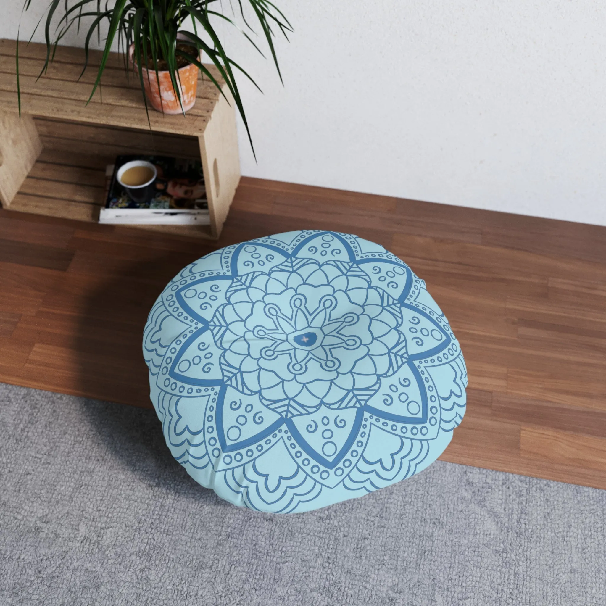 Handmade Mandala Art Floor Cushion - Steel Blue Mandala Art Design