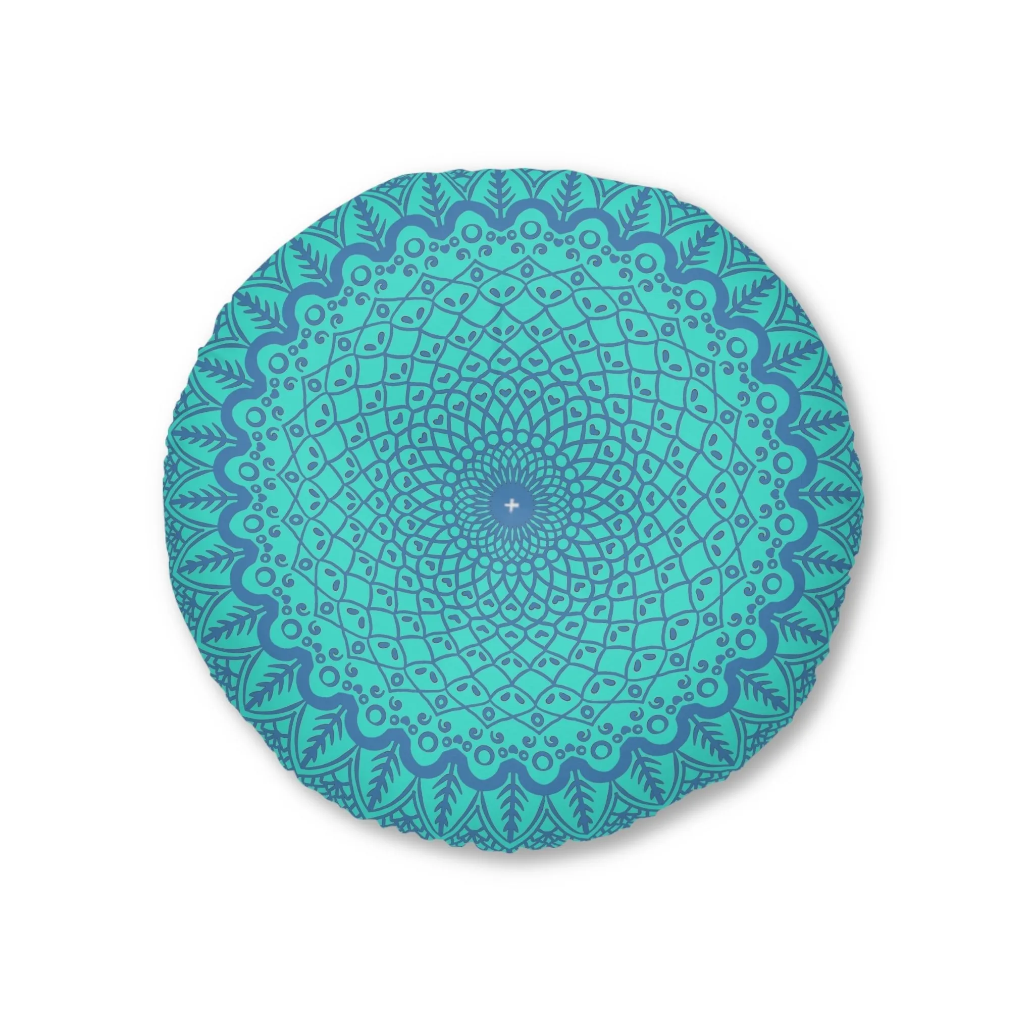 Handmade Mandala Art Floor Cushion - Steel Blue on Turquoise - Tufted