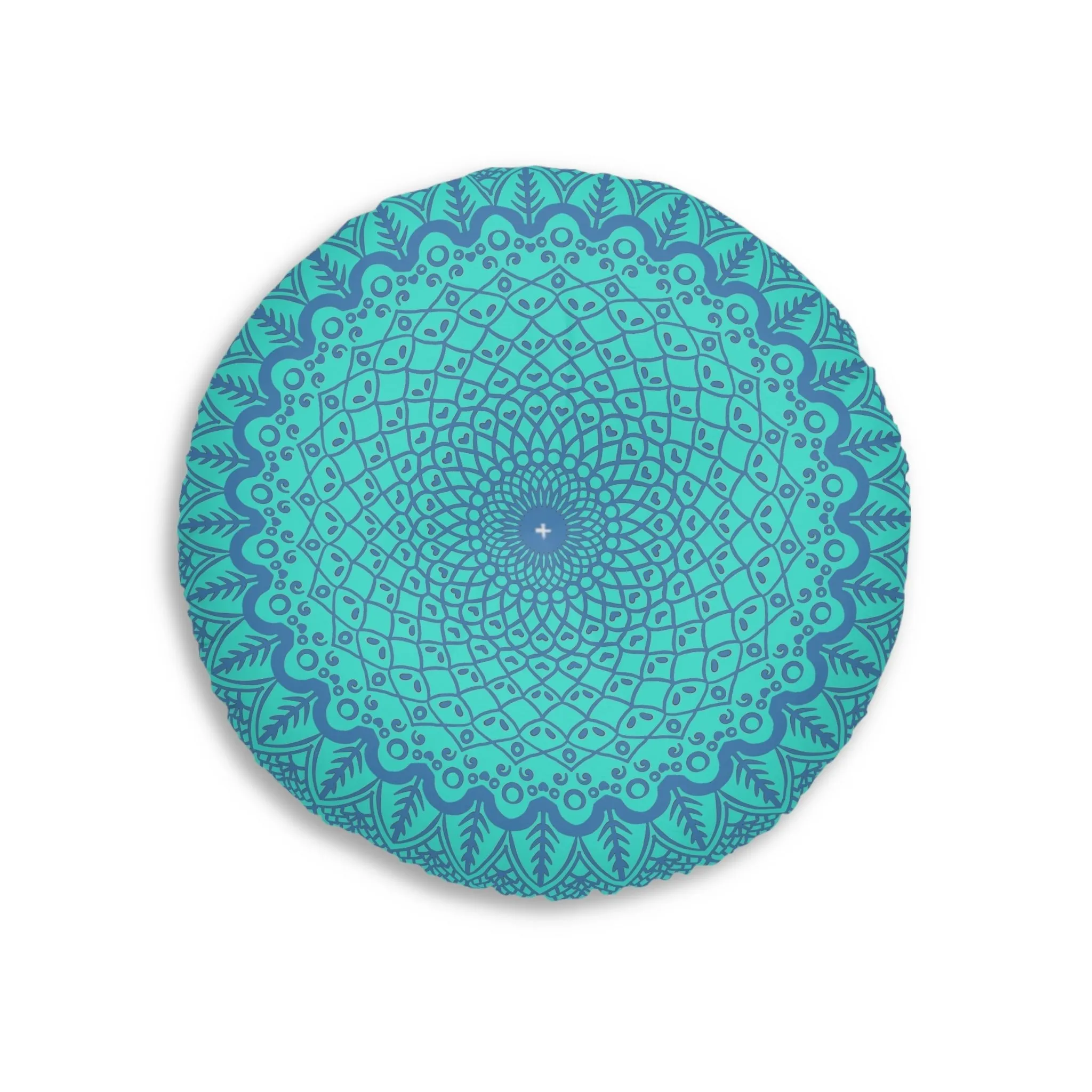 Handmade Mandala Art Floor Cushion - Steel Blue on Turquoise - Tufted