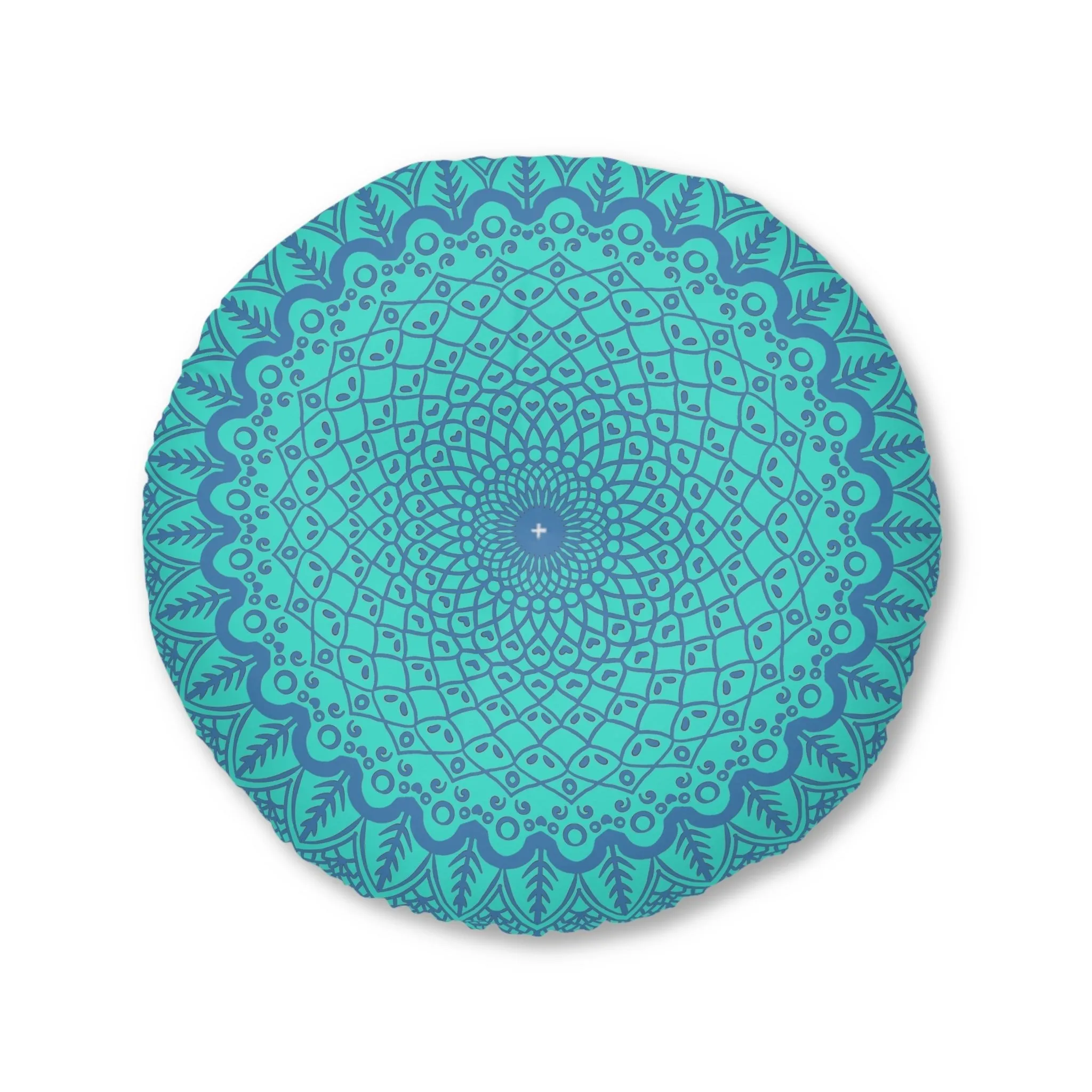 Handmade Mandala Art Floor Cushion - Steel Blue on Turquoise - Tufted