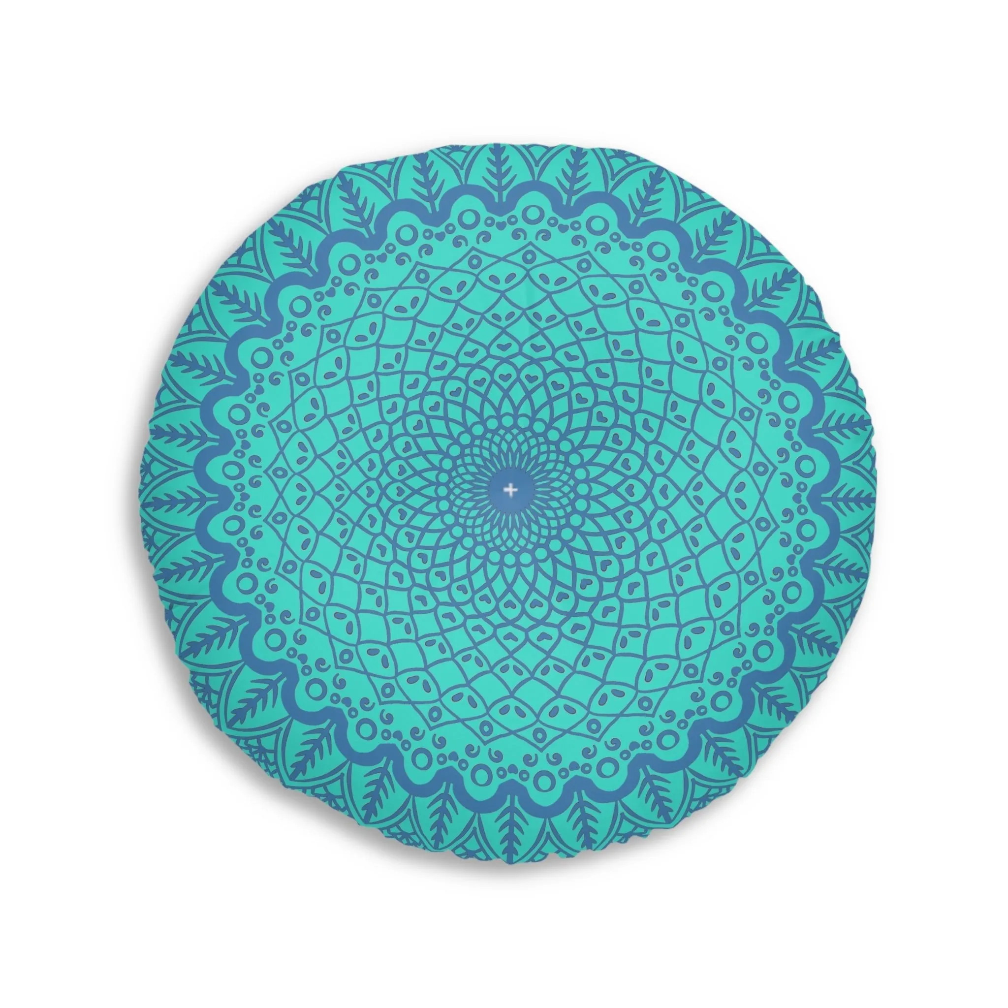 Handmade Mandala Art Floor Cushion - Steel Blue on Turquoise - Tufted