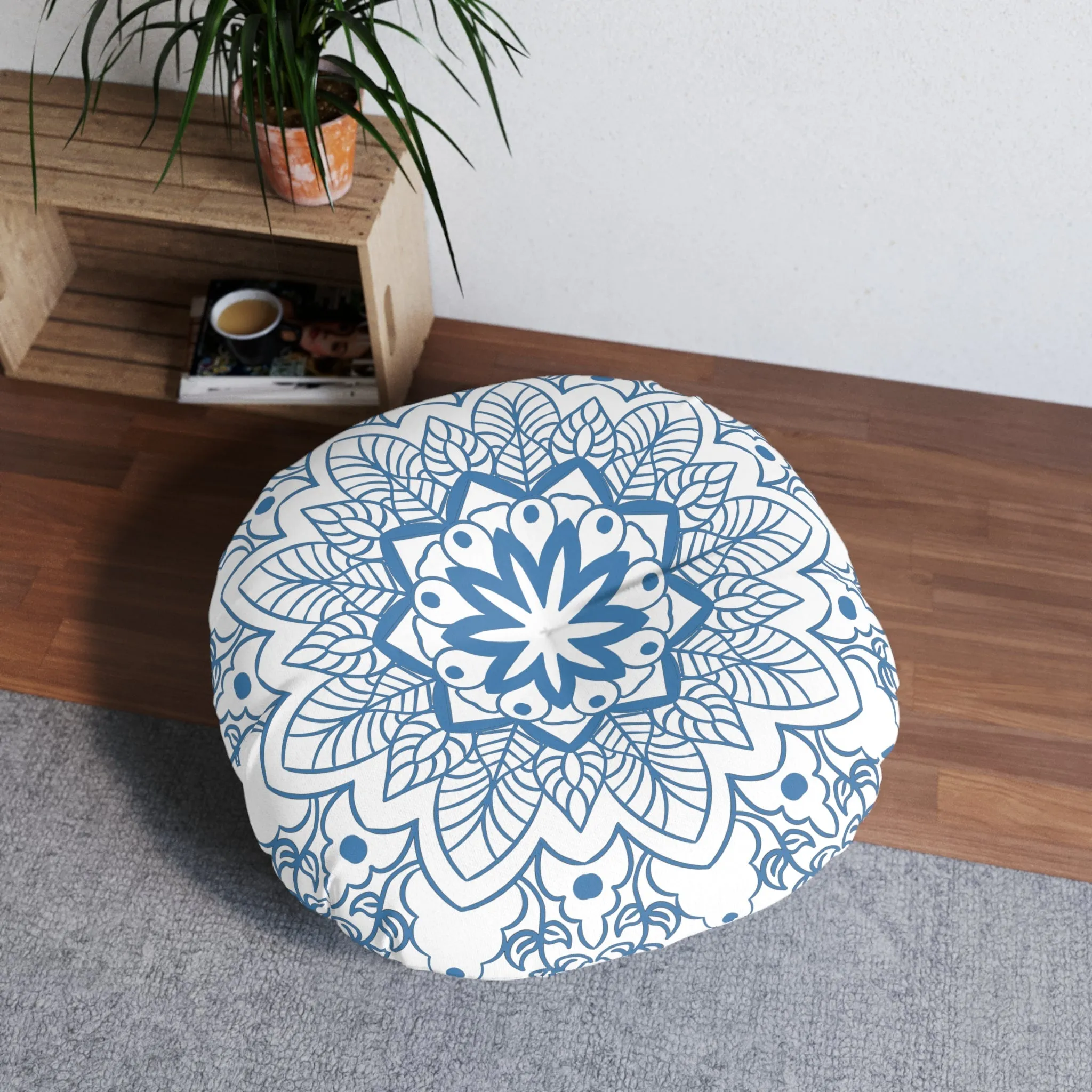 Handmade Mandala Art Floor Cushion - Steel Blue - Round