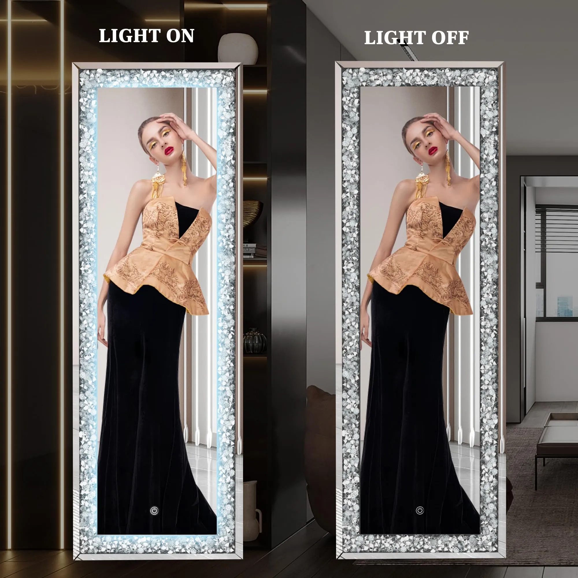 Hasipu Full-Length Mirror 69”×26” with Lights and Crystal Crush Diamond, Wall Mounted Hanging Diamond Mirror Leaning for Living Room Bedroom