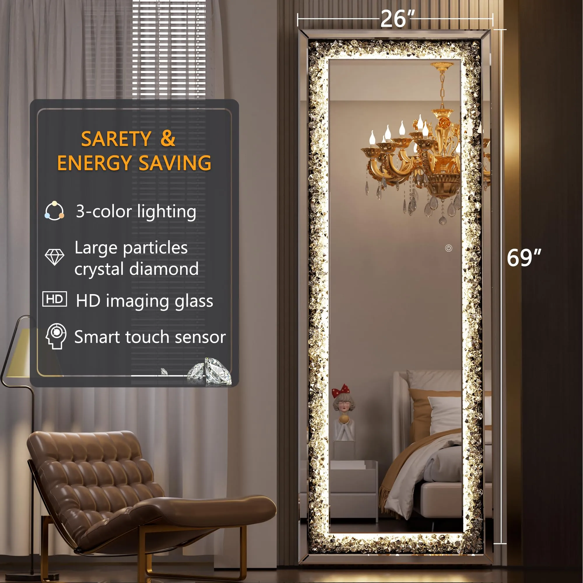 Hasipu Full-Length Mirror 69”×26” with Lights and Crystal Crush Diamond, Wall Mounted Hanging Diamond Mirror Leaning for Living Room Bedroom