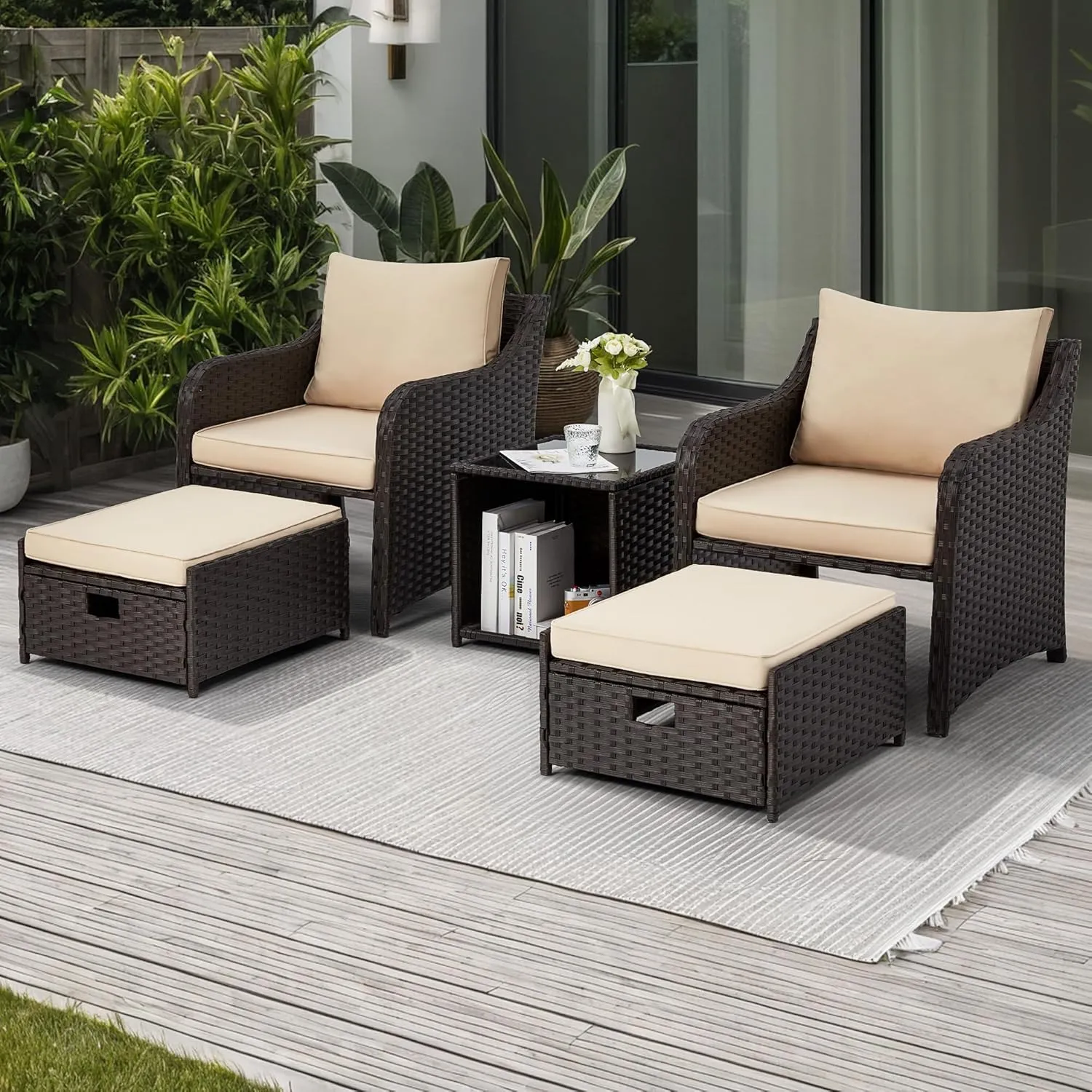 Homrest 5 Pcs Outdoor Wicker Chair Set with Ottomans and Coffee Table, Khaki