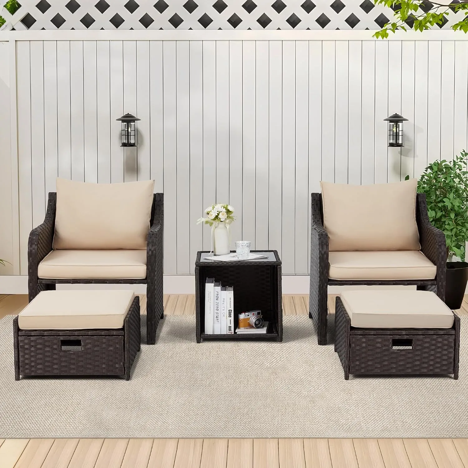 Homrest 5 Pcs Outdoor Wicker Chair Set with Ottomans and Coffee Table, Khaki