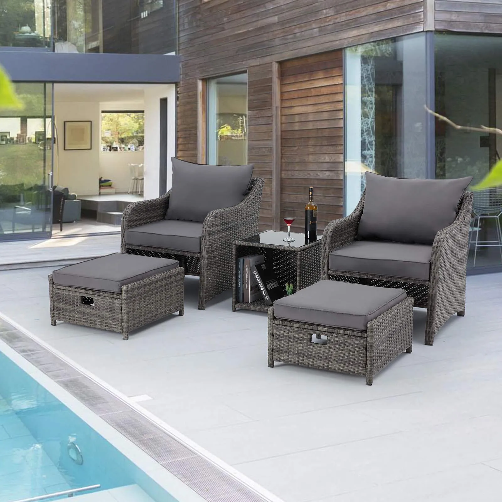 Homrest 5 Pcs Patio Wicker Chair Set with Ottomans and Coffee Table, Gray