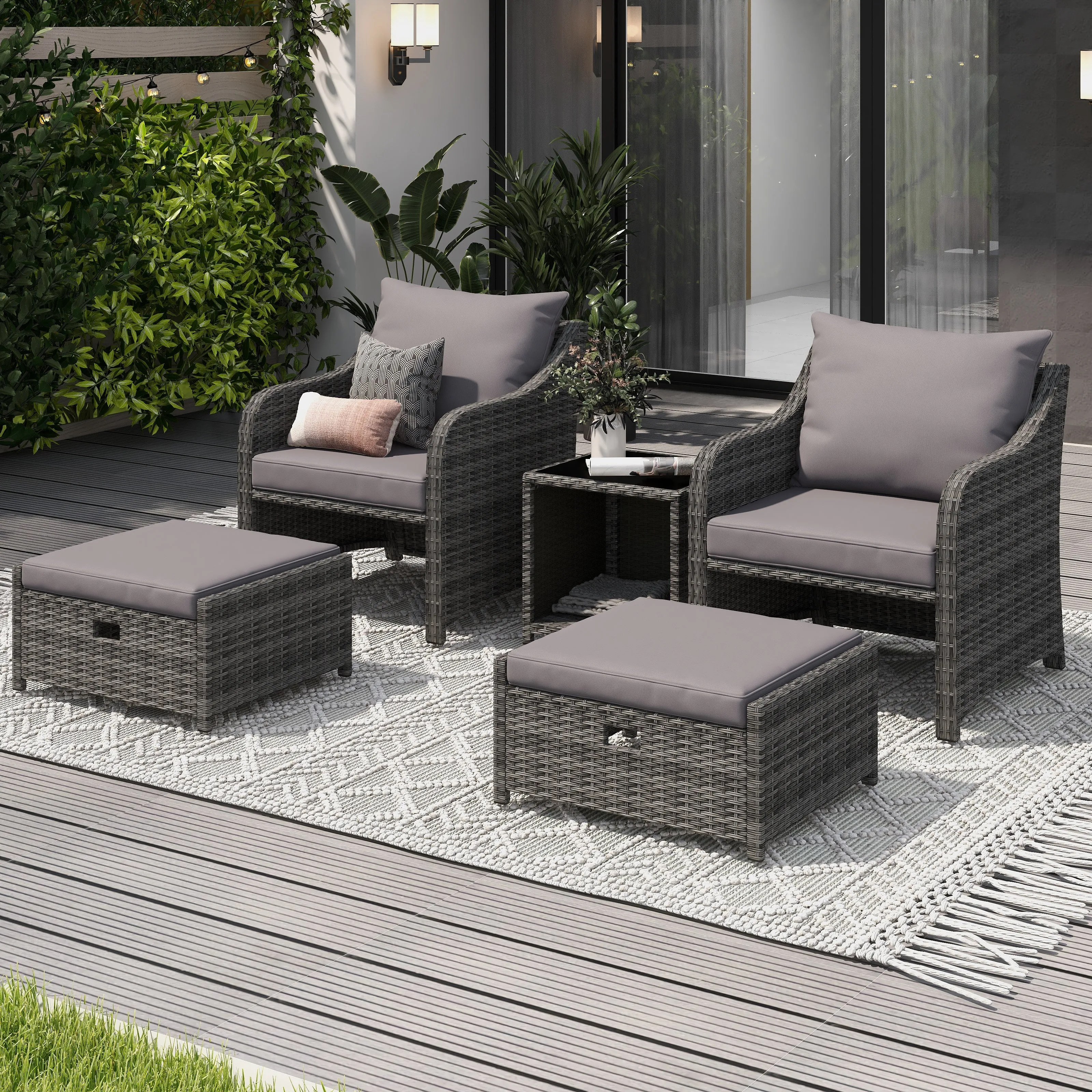 Homrest 5 Pcs Patio Wicker Chair Set with Ottomans and Coffee Table, Gray