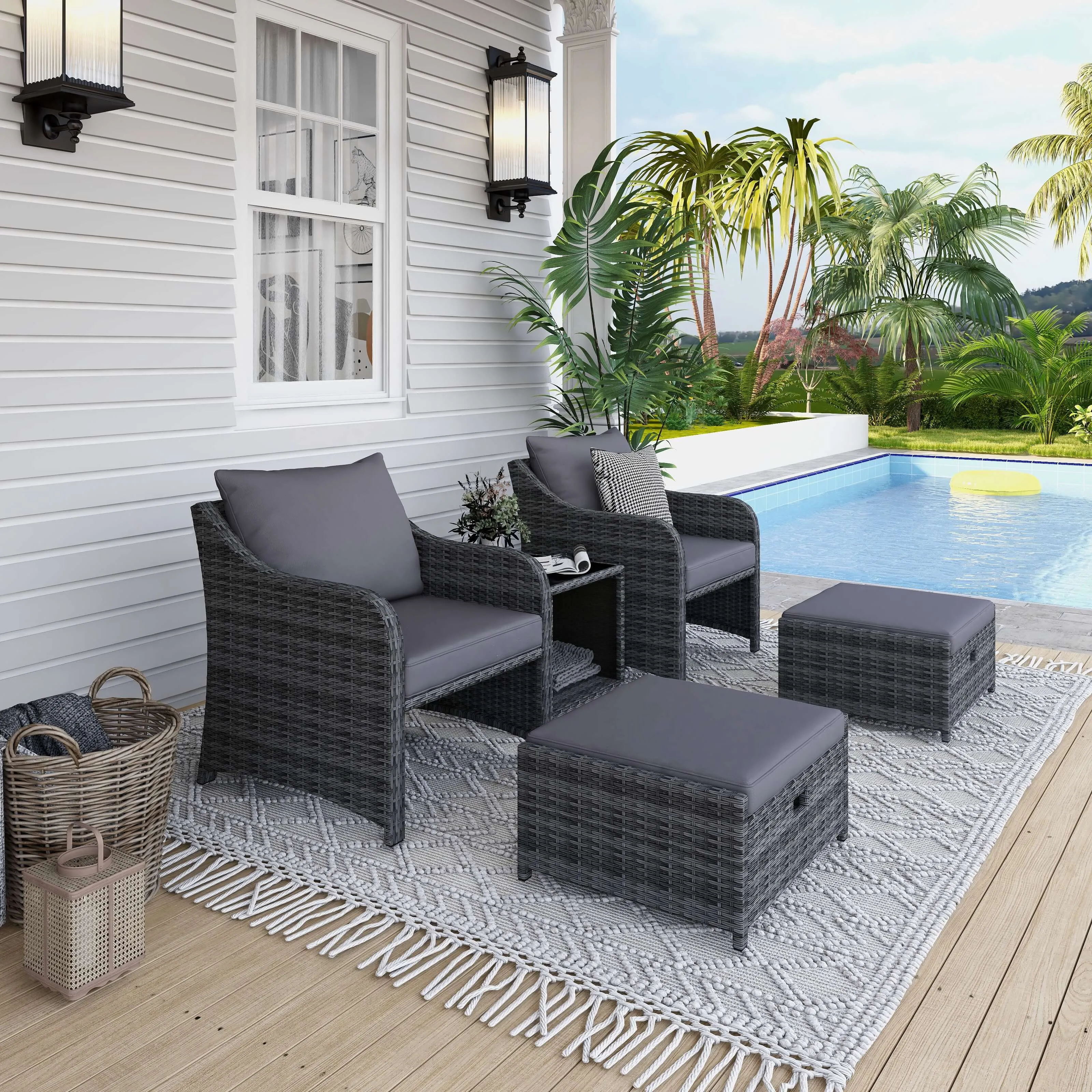 Homrest 5 Pcs Patio Wicker Chair Set with Ottomans and Coffee Table, Gray