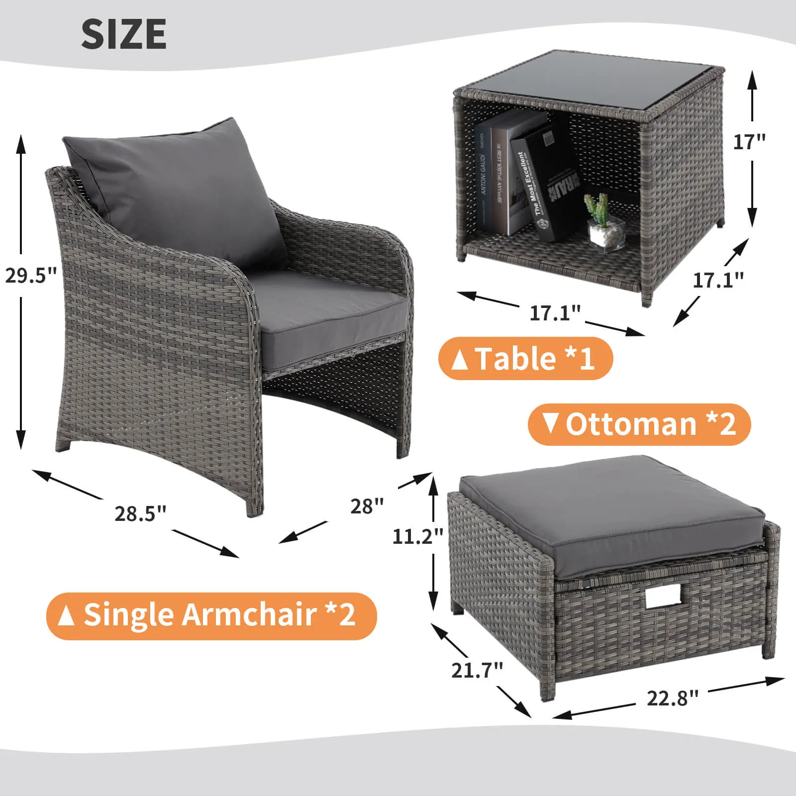 Homrest 5 Pcs Patio Wicker Chair Set with Ottomans and Coffee Table, Gray