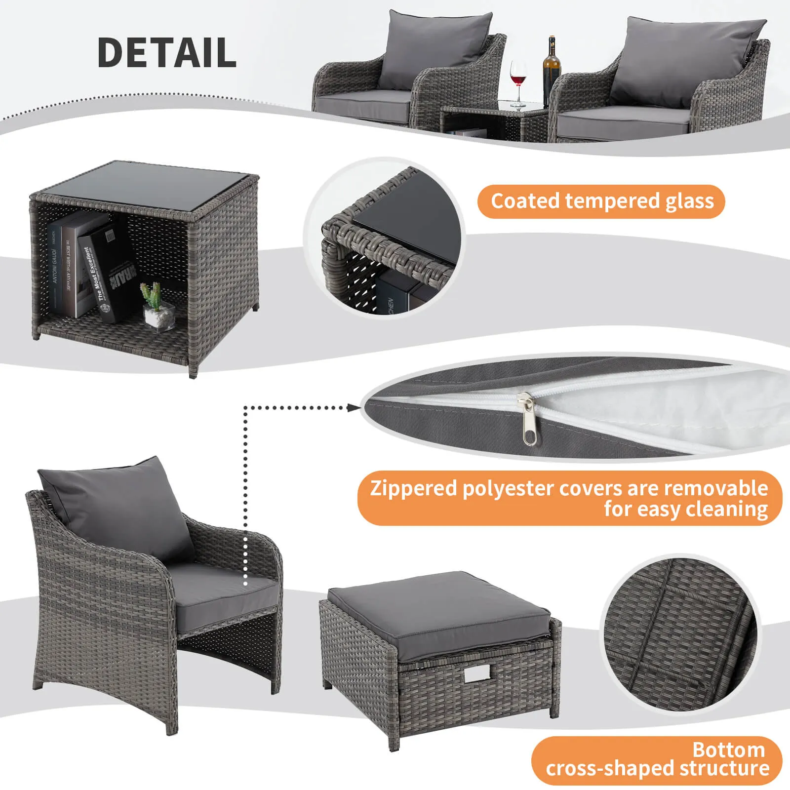 Homrest 5 Pcs Patio Wicker Chair Set with Ottomans and Coffee Table, Gray