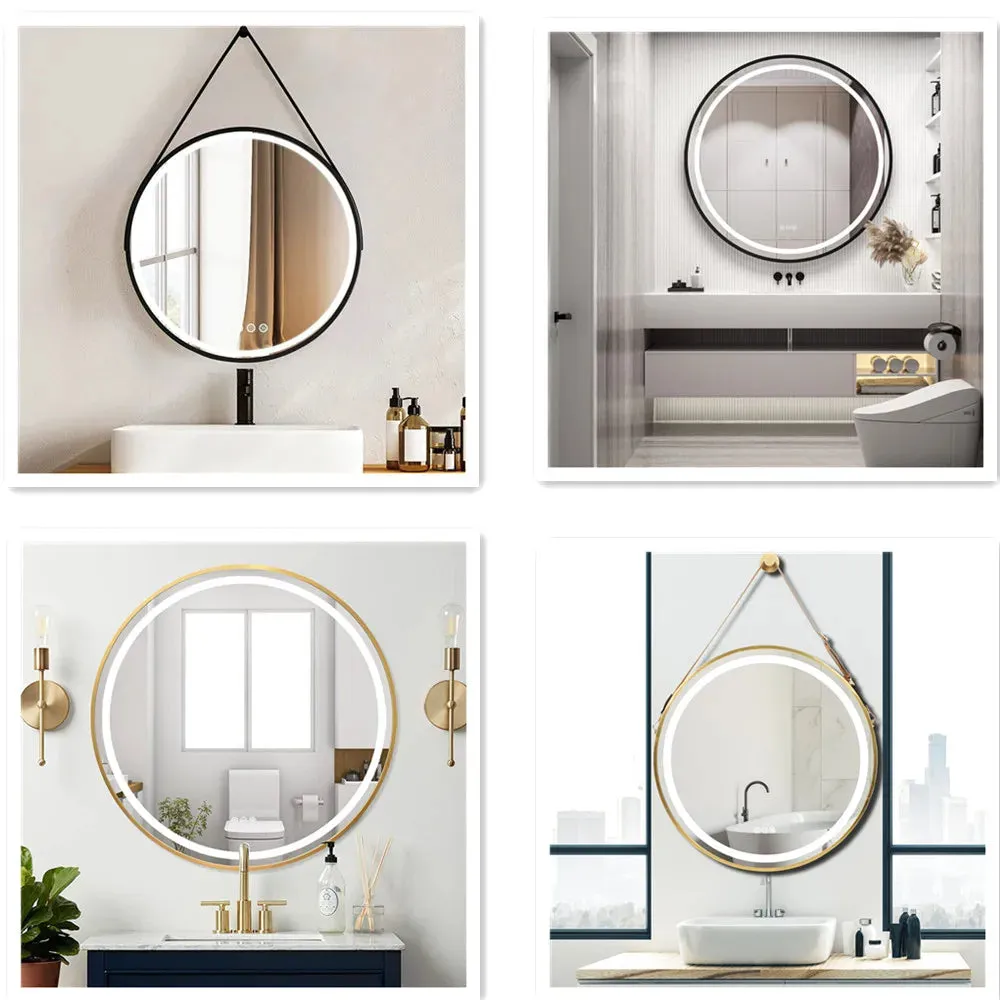 Large Round LED Bathroom Mirror with Anti-Fog, Touch Sensor, and Dimmable Lights – Black/Gold Frame, 32/24 Inch