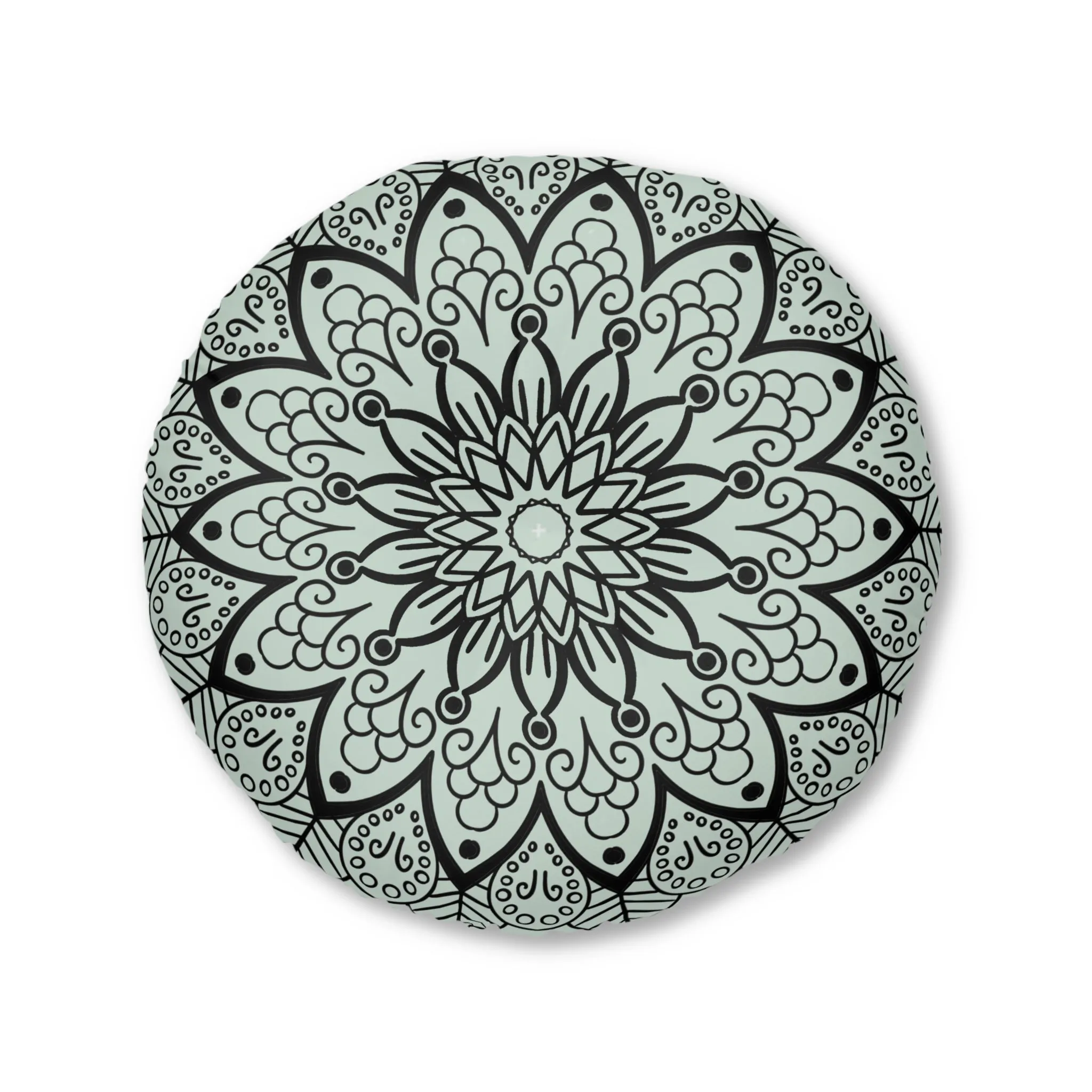 Light Teal Mandala Art Floor Cushion - Round Tufted Pillow