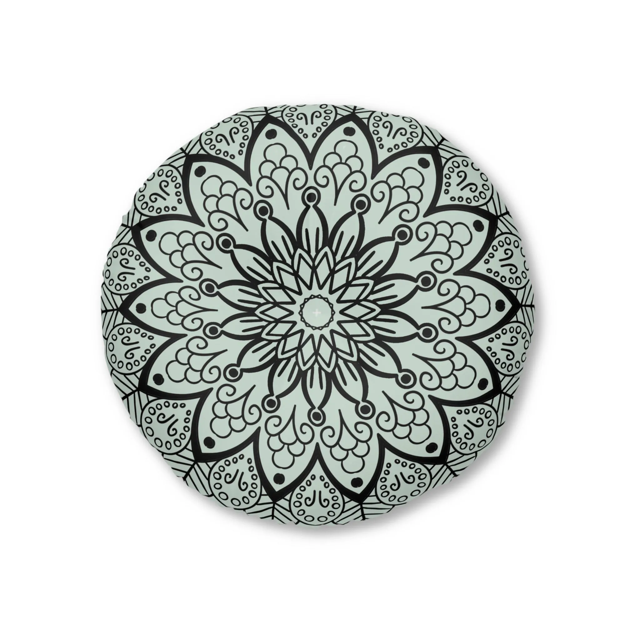 Light Teal Mandala Art Floor Cushion - Round Tufted Pillow