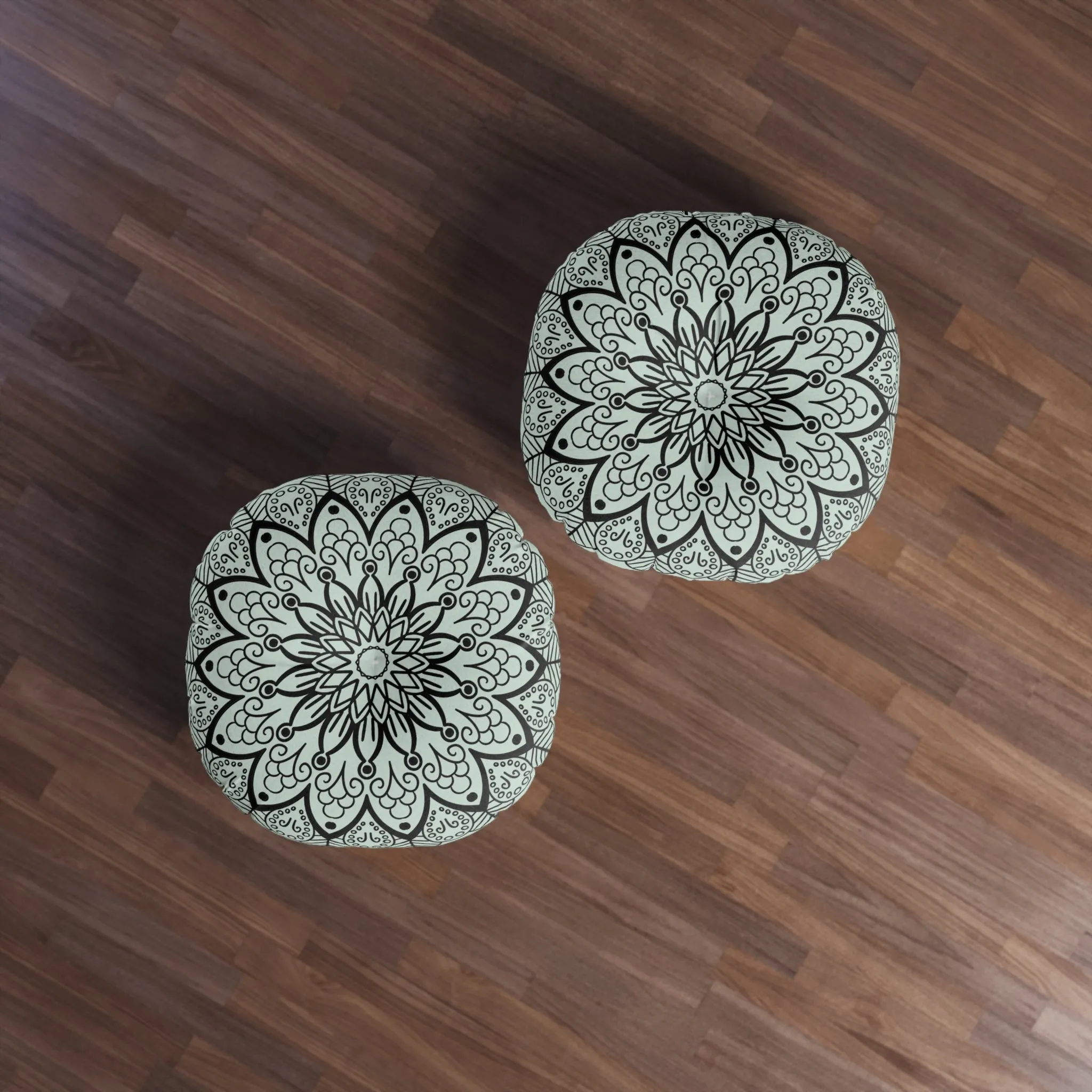 Light Teal Mandala Art Floor Cushion - Round Tufted Pillow