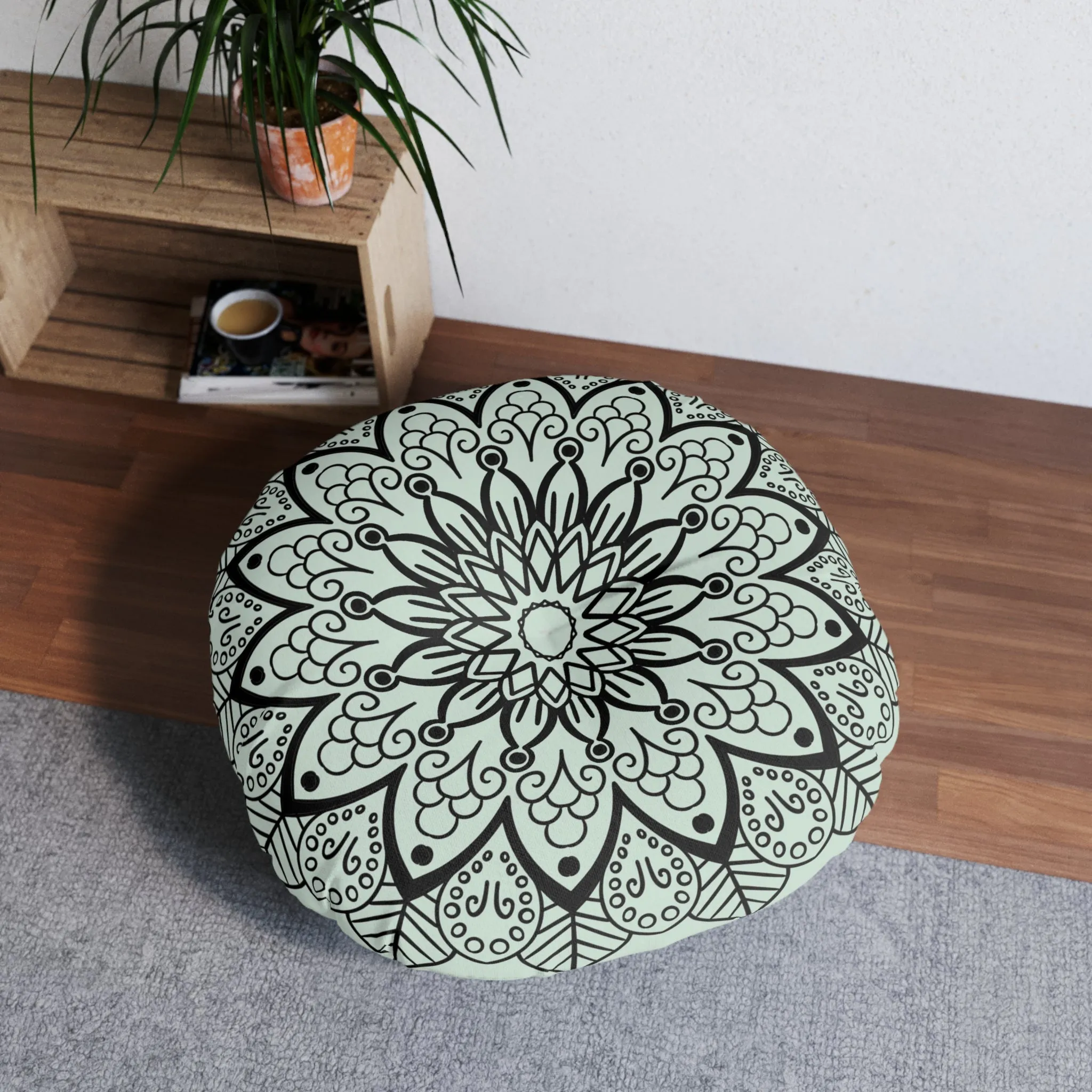 Light Teal Mandala Art Floor Cushion - Round Tufted Pillow