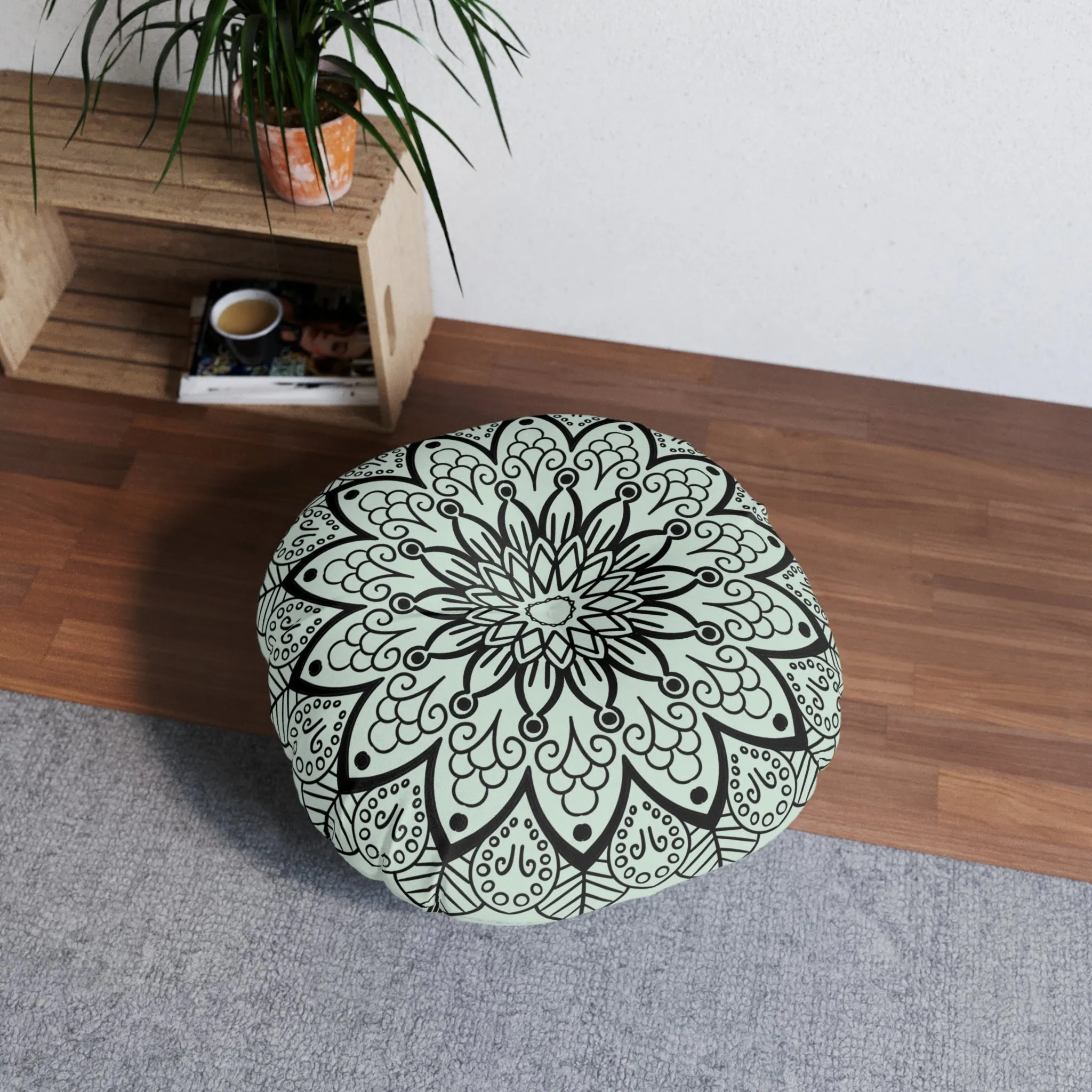 Light Teal Mandala Art Floor Cushion - Round Tufted Pillow