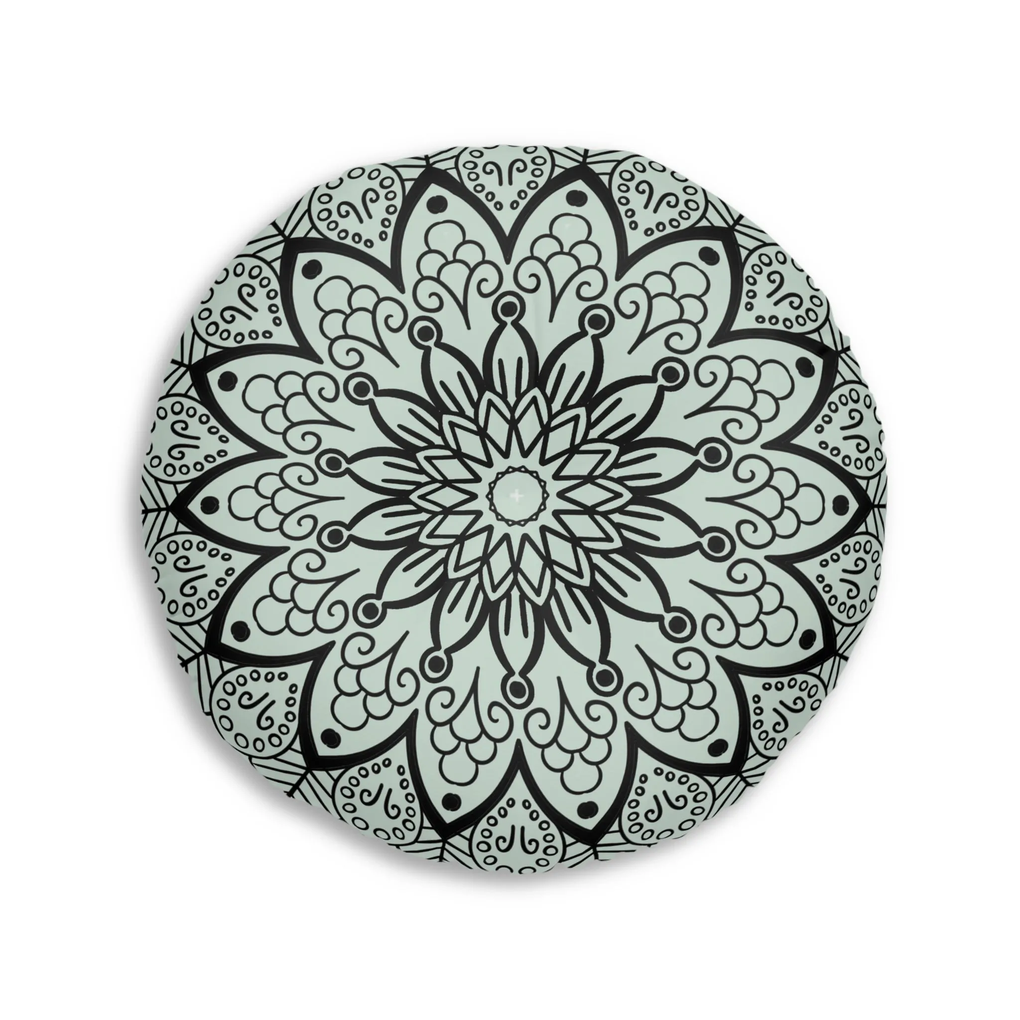 Light Teal Mandala Art Floor Cushion - Round Tufted Pillow